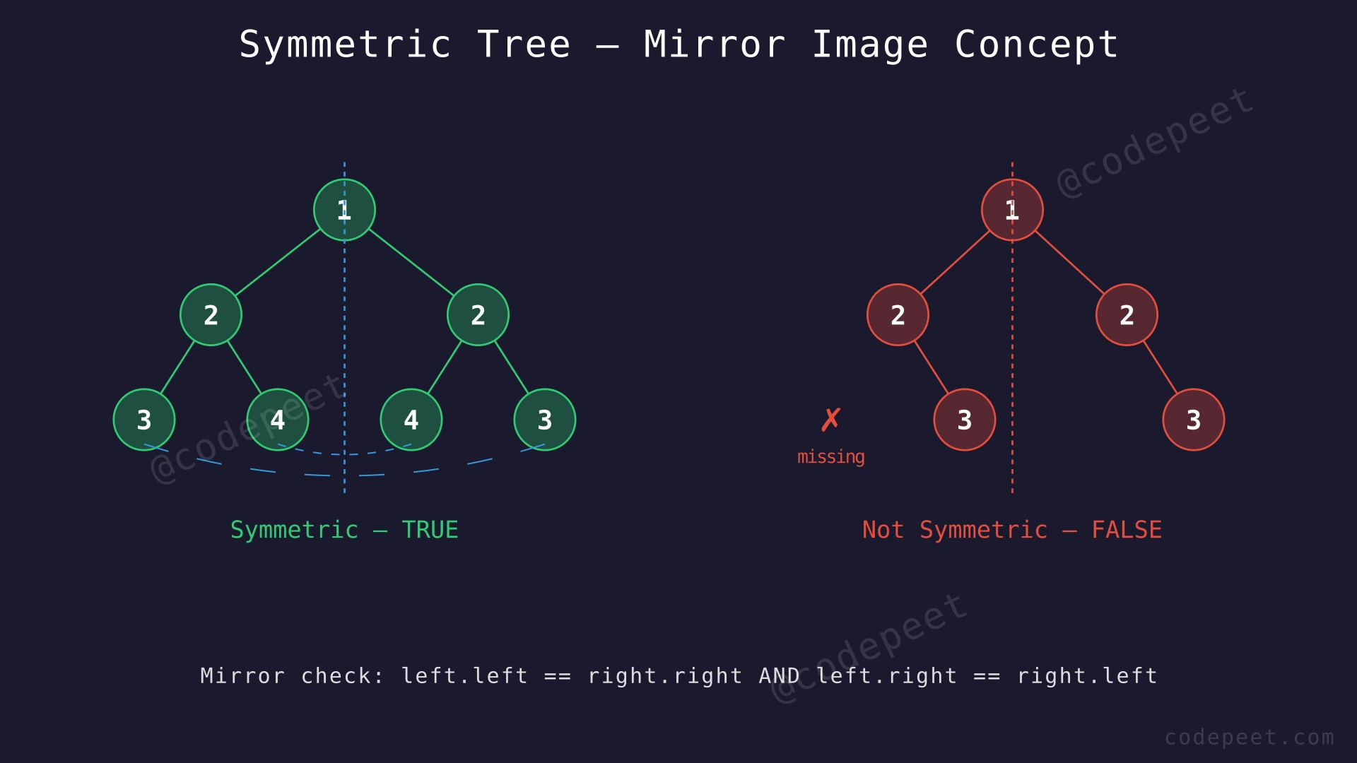 Two binary trees side by side: one symmetric (mirror image) and one asymmetric, with a vertical dashed line through the root showing the mirror axis