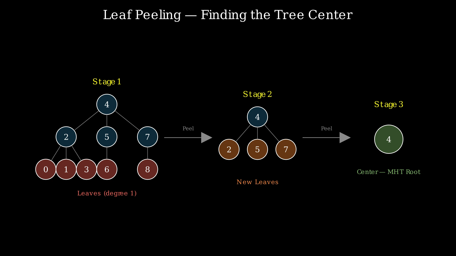 Conceptual diagram showing tree leaf peeling: leaves are removed layer by layer until the center remains
