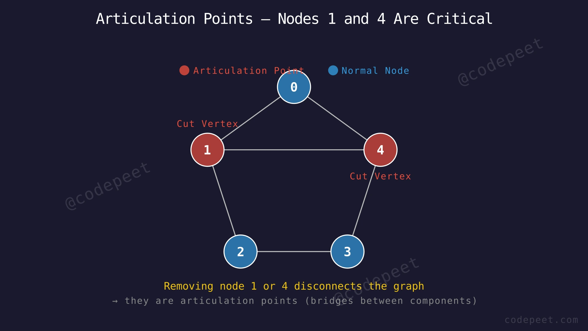 Graph with 5 nodes showing articulation points at nodes 1 and 4 — removing either disconnects the graph
