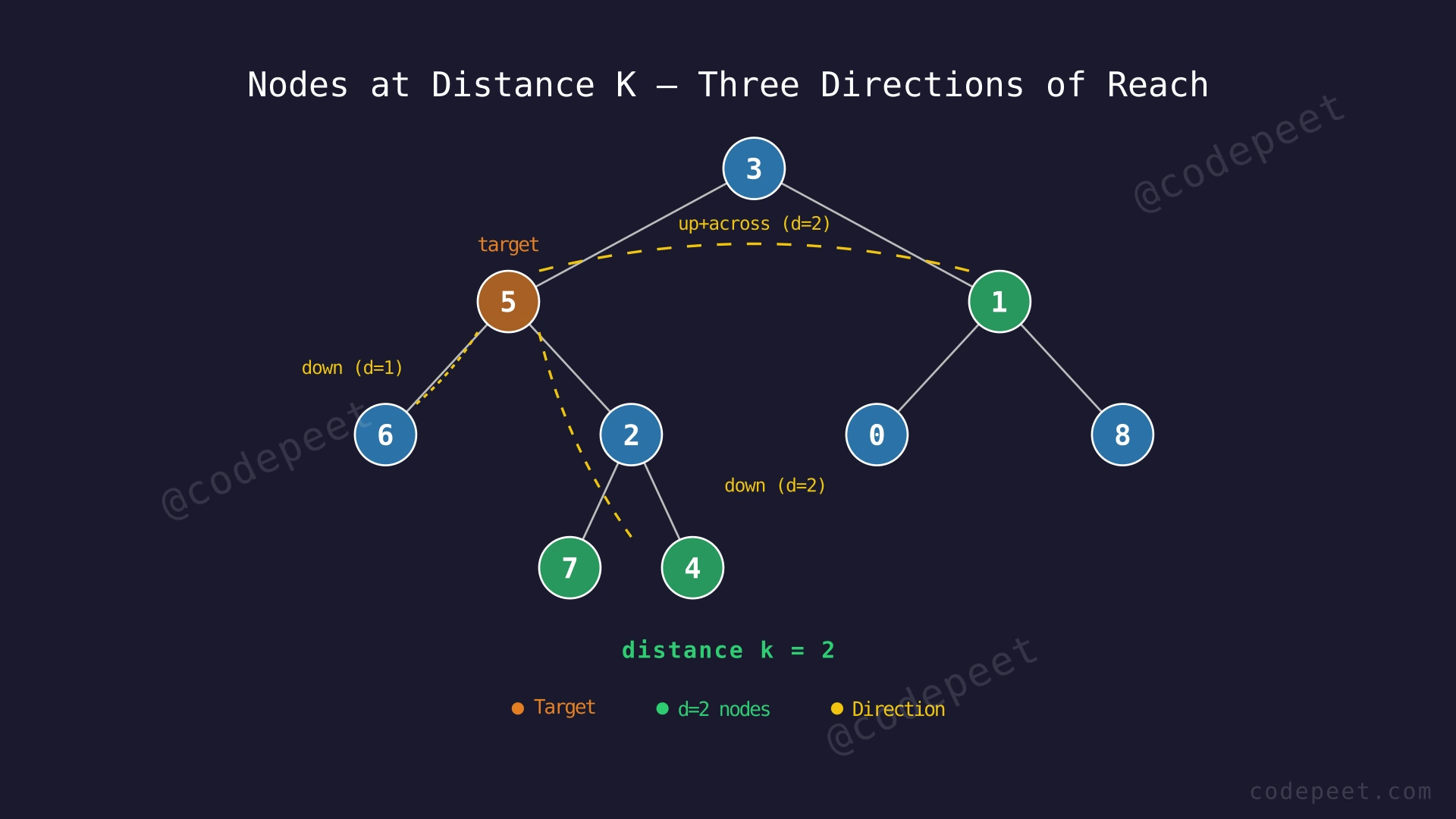 A binary tree with target node highlighted, showing nodes at distance k in all three directions: downward in subtree, upward to ancestors, and across to other branches
