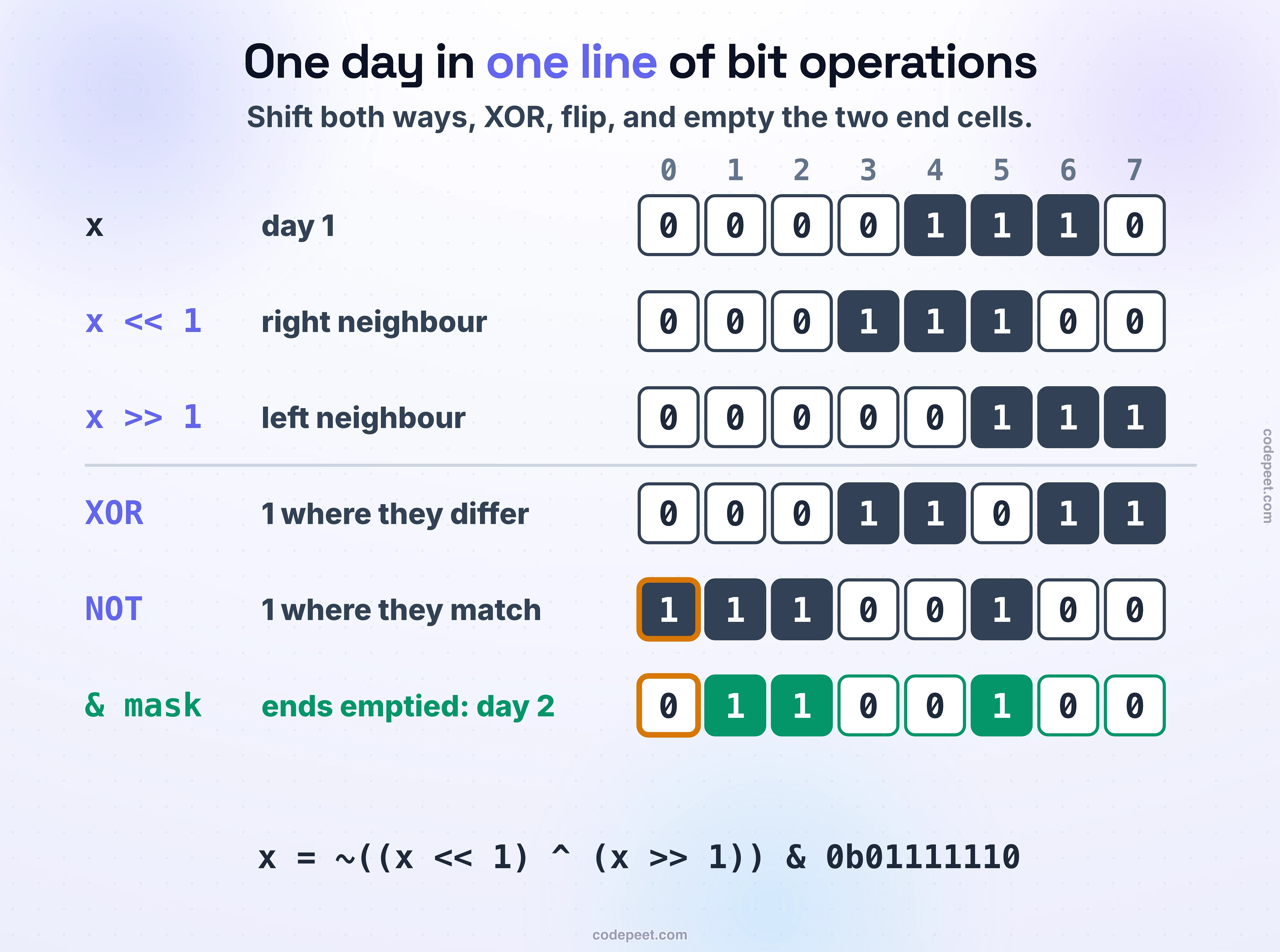 Day 1 of Example 1, 0 0 0 0 1 1 1 0, becomes day 2 in bit operations: shifted left it gives each cell its right neighbour, 0 0 0 1 1 1 0 0; shifted right its left neighbour, 0 0 0 0 0 1 1 1; XOR gives 1 where they differ, 0 0 0 1 1 0 1 1; NOT gives 1 where they match, 1 1 1 0 0 1 0 0; and the mask 01111110 empties the end cells, giving day 2, 0 1 1 0 0 1 0 0.