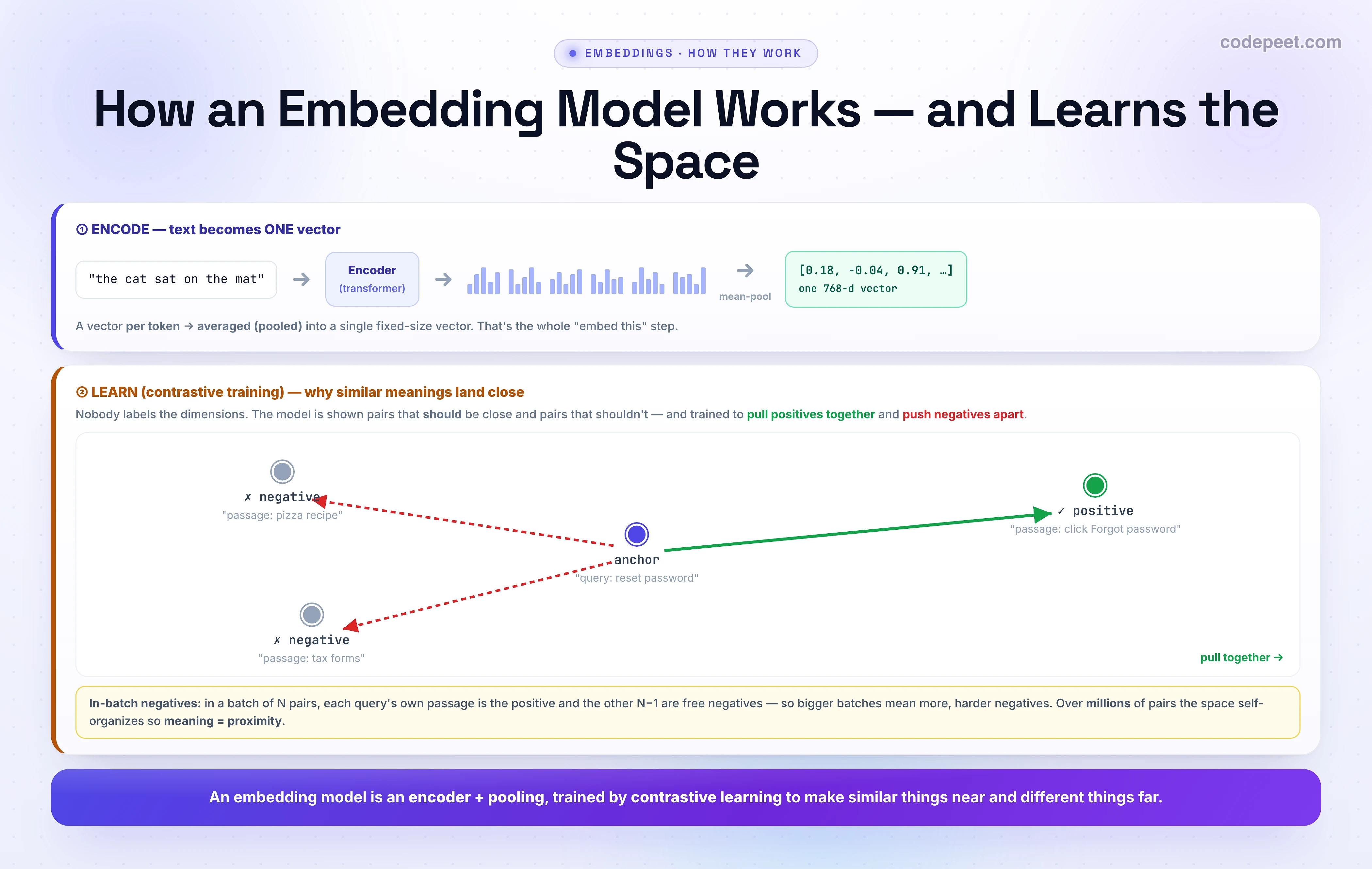 An infographic titled 'How an Embedding Model Works — and Learns the Space' with two panels. Panel 1, ENCODE: the text 'the cat sat on the mat' goes into an Encoder (transformer), which produces a vector per token (shown as little bar groups), which are then mean-pooled into a single 768-dimensional vector [0.18, -0.04, 0.91, ...]. Caption: a vector per token, averaged (pooled) into one fixed-size vector. Panel 2, LEARN (contrastive training): a 2-D space shows an anchor point ('query: reset password'); a green arrow pulls a positive point ('passage: click Forgot password') toward it, while two red dashed arrows push negative points ('passage: pizza recipe' and 'passage: tax forms') away. A note explains in-batch negatives: in a batch of N pairs, each query's own passage is the positive and the other N-1 are free negatives, so bigger batches mean more and harder negatives; over millions of pairs the space self-organizes so meaning equals proximity. A bottom banner reads: an embedding model is an encoder plus pooling, trained by contrastive learning to make similar things near and different things far.
