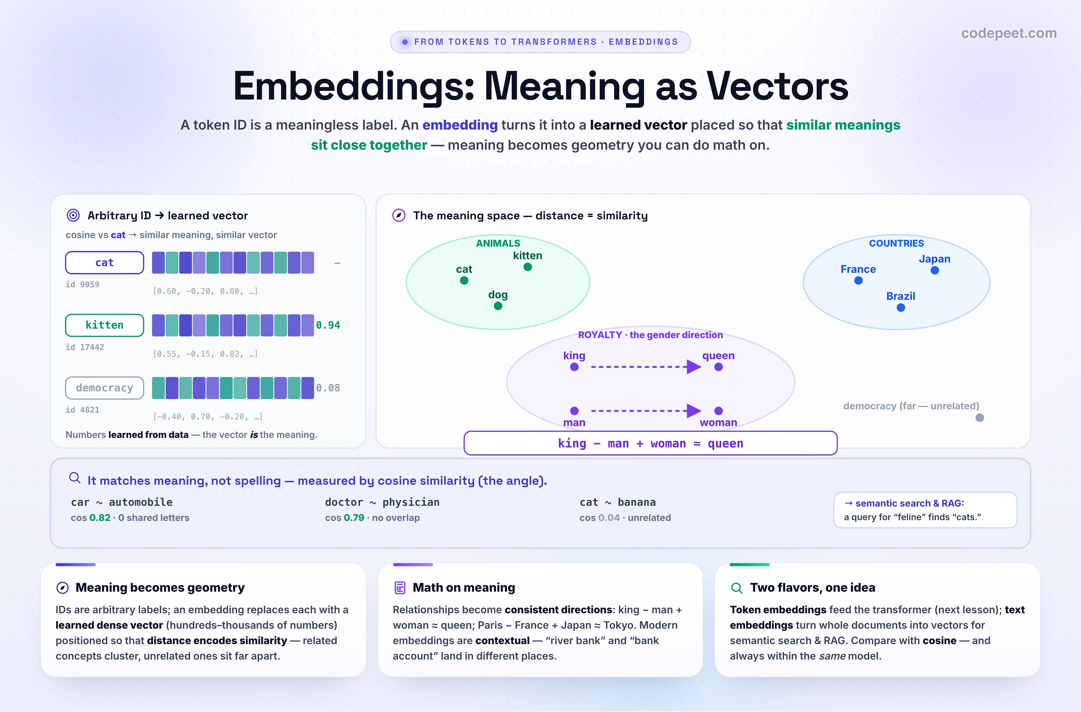 A 2-D map of an embedding space. Related words form clusters: an 'animals' cluster (cat, kitten, dog), a 'countries' cluster (France, Japan, Brazil), and a 'royalty' cluster (king, queen, man, woman). Two parallel arrows illustrate the analogy: an arrow from 'man' to 'woman' is parallel to an arrow from 'king' to 'queen', showing that king − man + woman lands near queen. A caption notes that similar meanings sit close together and that relationships are consistent directions.