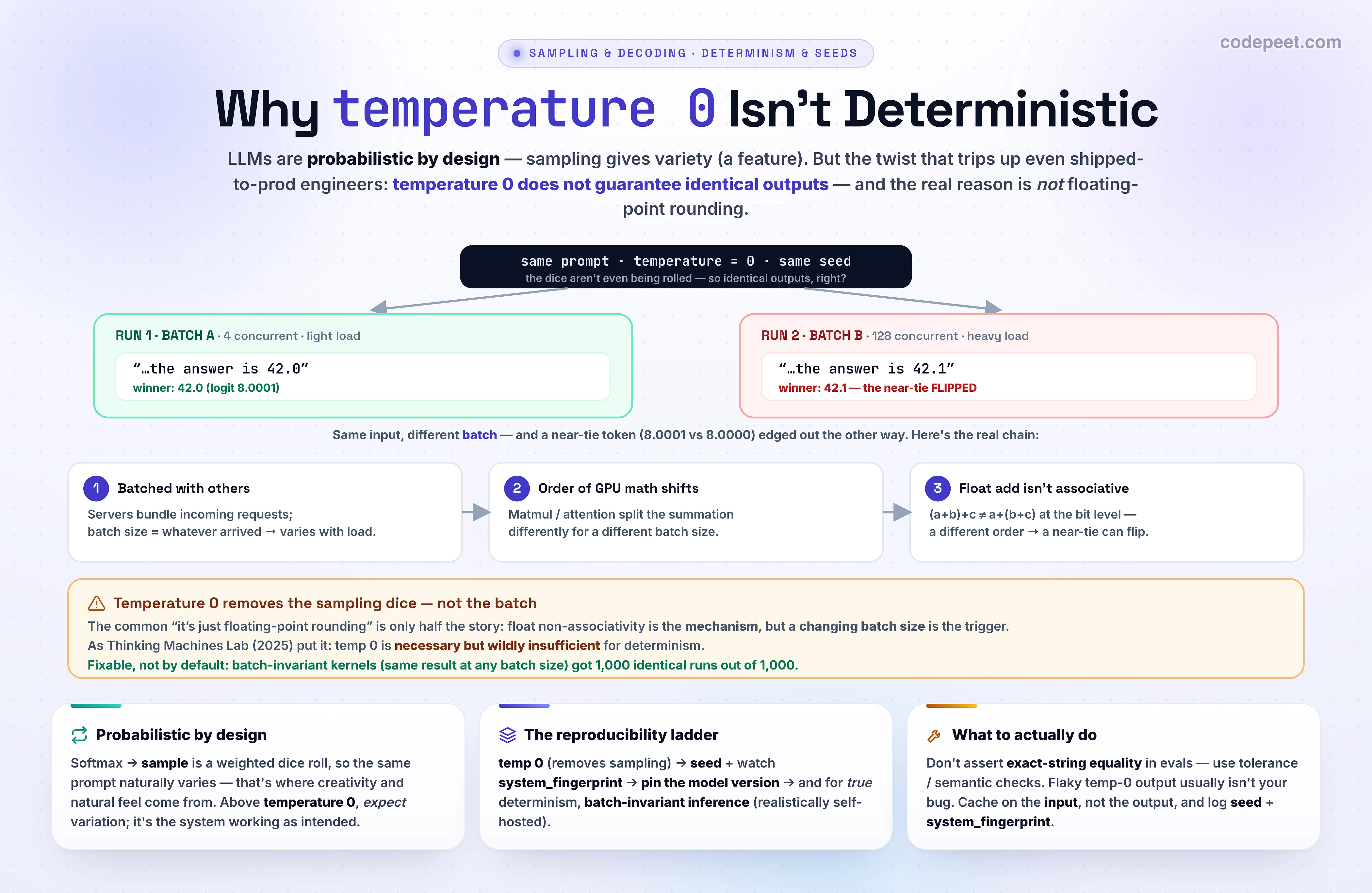 A diagram titled 'Why Temperature 0 Still Isn't Perfectly Deterministic'. At the top, one box: 'Same prompt · temperature = 0 · same seed'. It splits into two runs. Run 1 is placed in 'Batch A — 4 concurrent requests (light load)'; Run 2 is placed in 'Batch B — 32 concurrent requests (heavy load)'. A middle note explains: different batch size makes the GPU sum floating-point numbers in a different order, and because (a+b)+c is not exactly equal to a+(b+c), the logits differ by a hair. Run 1's logits come out mat 3.2001 vs floor 3.1999, so argmax picks 'mat' and the output is 'The cat sat on the mat.' Run 2's logits come out mat 3.1999 vs floor 3.2001, so argmax picks 'floor' and the output is 'The cat sat on the floor.' A bottom banner reads: temperature 0 removes the sampling dice, but not system-level batch nondeterminism — true determinism needs batch-invariant kernels.