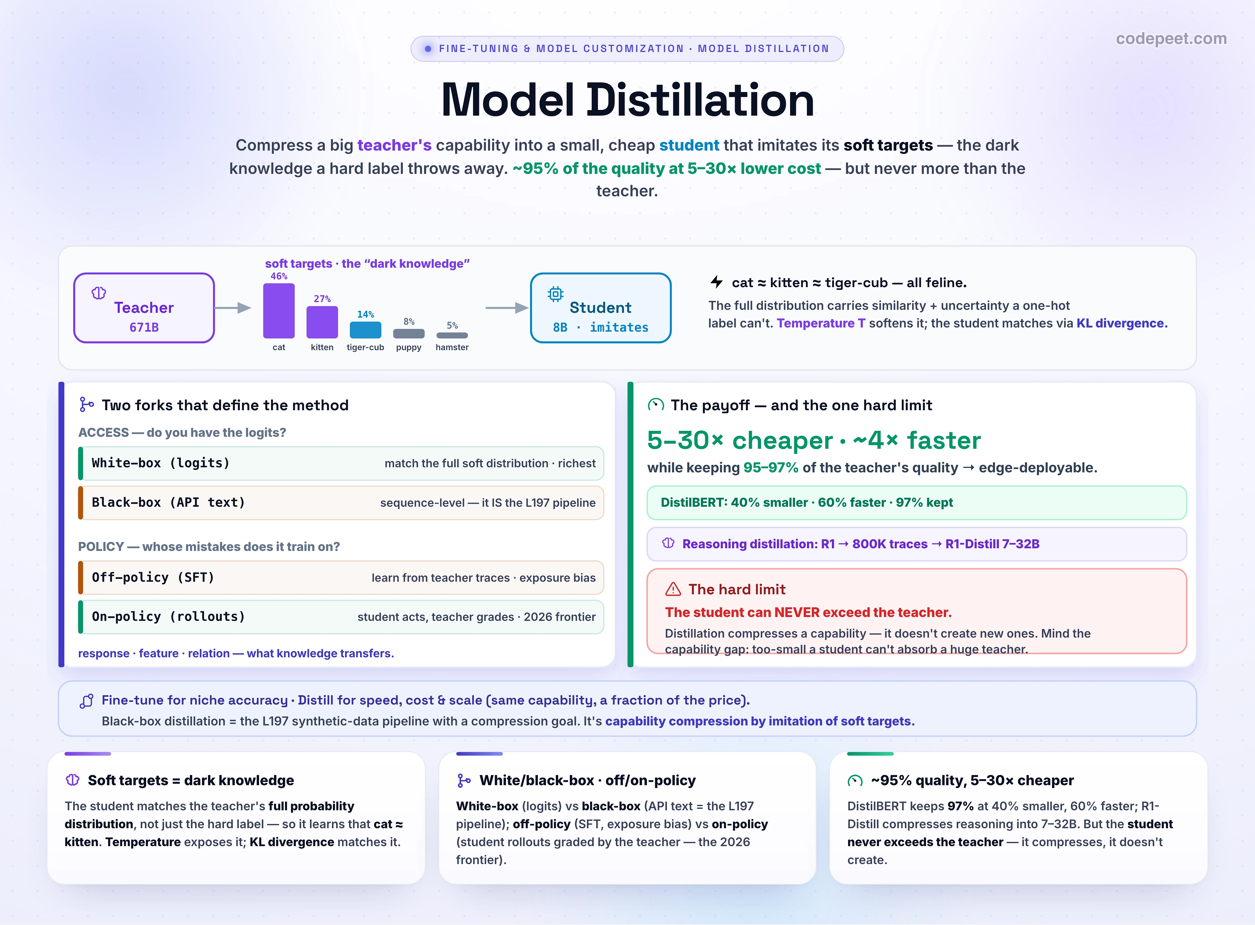 An infographic titled 'Model Distillation', the fourth lesson of section three on dataset engineering, on the teacher-student technique that compresses a big model's capability into a small, cheap one. Distillation trains a compact student to imitate a high-capacity teacher by matching its predictive distribution rather than just the hard label. The key idea is dark knowledge: the teacher's soft targets, the full probability spread over tokens such as cat seventy percent, kitten twenty percent, animal ten percent, carry similarity and uncertainty information far richer than a one-hot answer, and a temperature parameter softens the softmax to expose it. The student is trained to match the teacher's softened distribution by minimizing the Kullback-Leibler divergence between them. The payoff is large: five to thirty times lower cost, about four times faster inference, and ninety-five to ninety-seven percent of the teacher's performance, which is what makes edge and on-device deployment feasible; DistilBERT is forty percent smaller and sixty percent faster while keeping ninety-seven percent of BERT. There are two access regimes. White-box distillation has the teacher's logits and internals, enabling true logit and feature matching. Black-box distillation only has the teacher's text outputs through an API, so it distills on generated sequences, which is exactly the synthetic data pipeline from the previous lesson; this is why DeepSeek-R1 distillation was simply supervised fine-tuning of small students on eight hundred thousand teacher-generated reasoning traces. There are also two policy regimes. Off-policy distillation trains the student on the teacher's static outputs and is simple but suffers exposure bias, because the student never learns to recover from its own mistakes. On-policy distillation, the 2026 frontier, has the student generate its own rollouts and uses the teacher's per-token log-probabilities as dense feedback on the states the student actually visits. The headline use case is reasoning distillation, transferring long chain-of-thought into small models. The hard limit is that the student can never exceed the teacher. The takeaway is that distillation is capability compression by imitation of soft targets, giving near-teacher quality at a fraction of the cost.