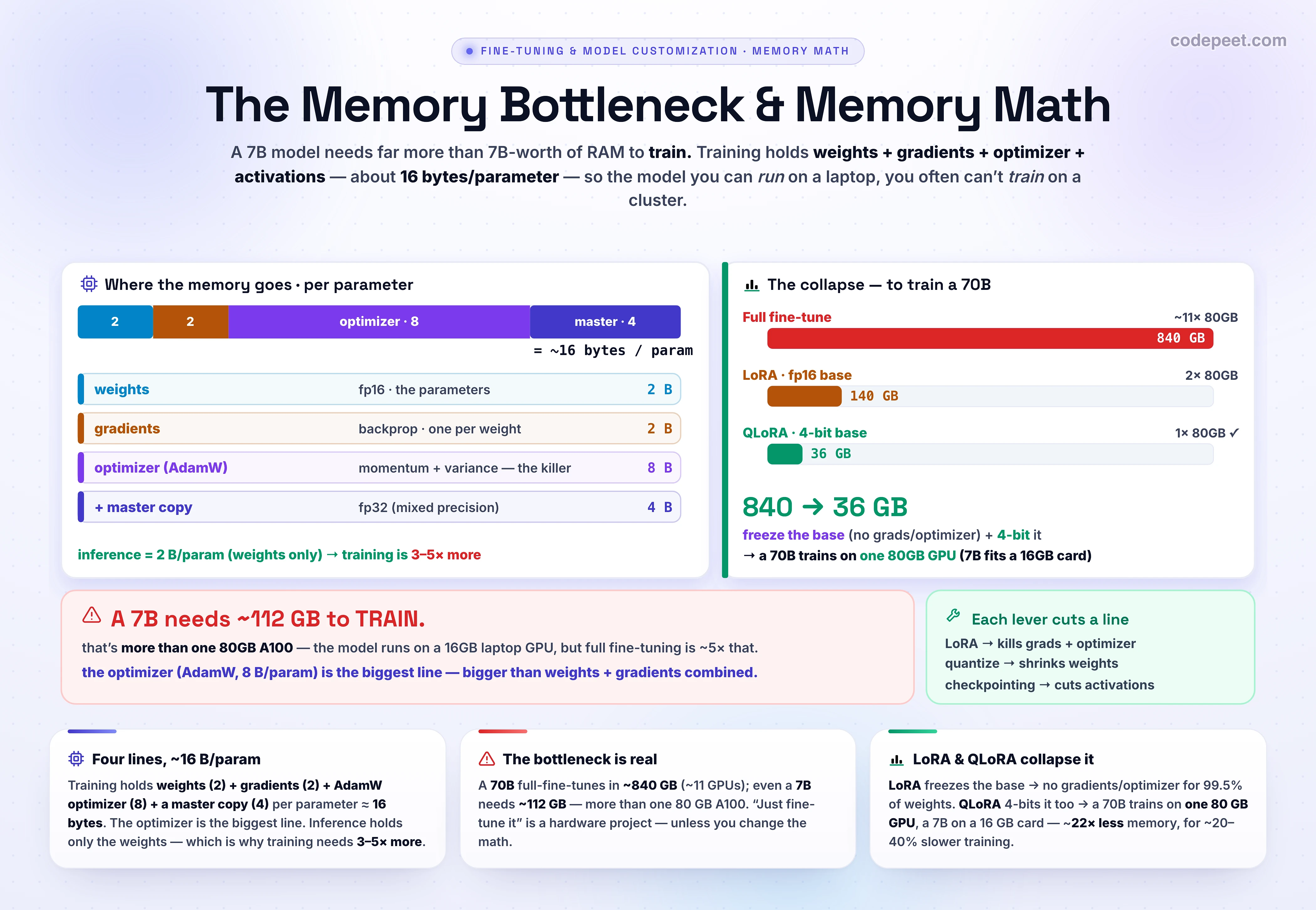 An infographic titled 'The Memory Bottleneck & Memory Math', the second lesson of section two on fine-tuning mechanics, explaining exactly why a model needs far more GPU memory to train than its parameter count suggests. During training, four things sit in VRAM: the model weights, a gradient for every weight, the optimizer states, and the activations from the forward pass that the backward pass needs. The math is bytes-per-parameter. In mixed precision with AdamW, full fine-tuning pays about sixteen bytes per parameter: weights at two bytes in fp16, gradients at two bytes, and the AdamW optimizer at eight bytes because it keeps a momentum and a variance per weight in fp32, plus a fp32 master copy of the weights. So a 70-billion parameter model needs roughly 140 gigabytes for weights, 140 for gradients, and 560 for the optimizer, about 840 gigabytes to full-fine-tune, which is around eleven 80-gigabyte GPUs, and even a 7-billion model needs about 112 gigabytes, more than a single 80-gigabyte card. Training needs three to five times more memory than inference, which only holds the weights plus a small key-value cache. Activations are the variable line, scaling with batch size and sequence length, and gradient checkpointing trades compute to shrink them. The collapse comes from PEFT. LoRA freezes the base model, so 99.5 percent of the weights need no gradients and no optimizer states, only a tiny adapter does, cutting a 70B run to about 140 gigabytes. QLoRA additionally quantizes the frozen base to 4-bit NormalFloat, a seventy-five percent cut on the weights, bringing a 70B down to about 36 gigabytes so it trains on a single 80-gigabyte GPU, and a 7B fits a 16-gigabyte card, at the cost of twenty to forty percent slower throughput from dequantization. The takeaway is that memory is the real bottleneck of fine-tuning, the optimizer state is the biggest line, and freezing the base plus 4-bit quantization is what makes fine-tuning fit on affordable hardware.