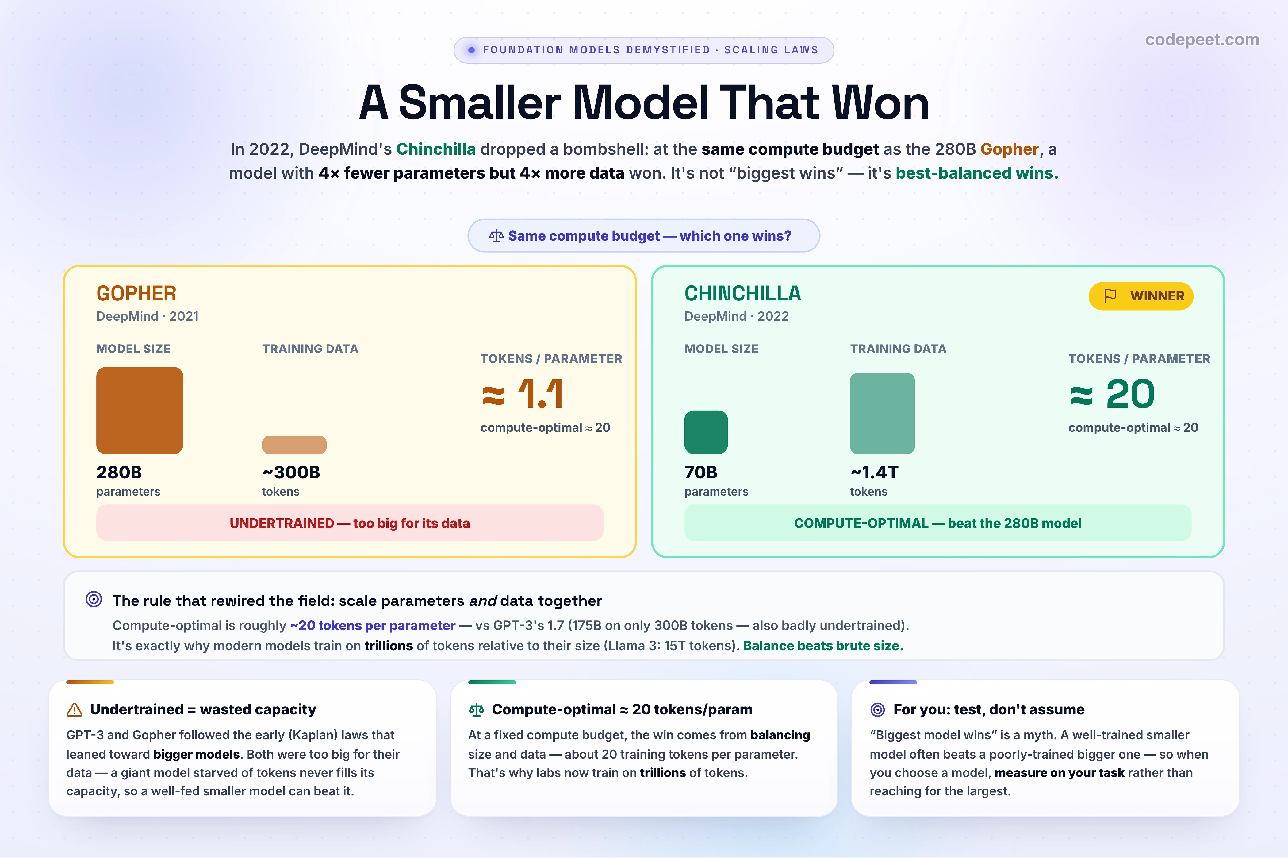 A comparison titled 'Bigger Isn't Better — Chinchilla'. Two models at the same compute budget: Gopher with 280B parameters trained on ~300B tokens (about 1.7 tokens per parameter, labeled 'undertrained') versus Chinchilla with 70B parameters trained on ~1.4T tokens (about 20 tokens per parameter, labeled 'compute-optimal'). Despite being 4x smaller, the 70B Chinchilla wins (lower loss / better performance), shown with a trophy. A callout states the compute-optimal ratio is about 20 tokens per parameter.