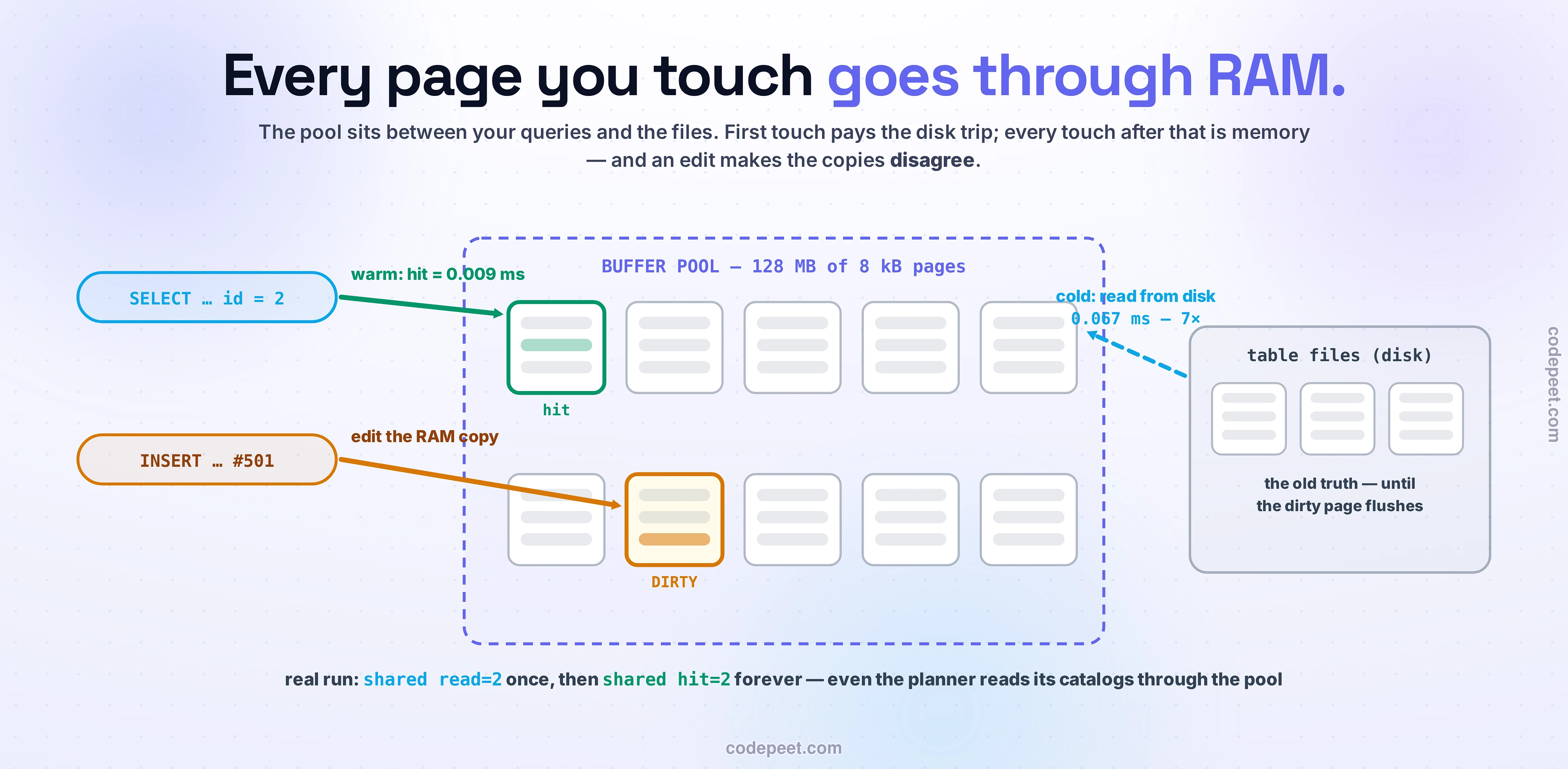 The buffer pool drawn as the room between queries and files. Center, a big dashed violet region — BUFFER POOL, 128 MB of 8 kB pages — holding ten page cards. From the left, a sky SELECT chip hits a green-ringed page: warm, hit = 0.009 ms; an amber INSERT chip lands on another page that turns amber and DIRTY — edit the RAM copy. On the right, the table files on disk hold the old truth until the dirty page flushes; a dashed sky arrow from disk into the pool marks the cold path: read from disk, 0.067 ms — 7× slower. Footer, from the real run: shared read=2 once, then shared hit=2 forever — even the planner reads its catalogs through the pool.