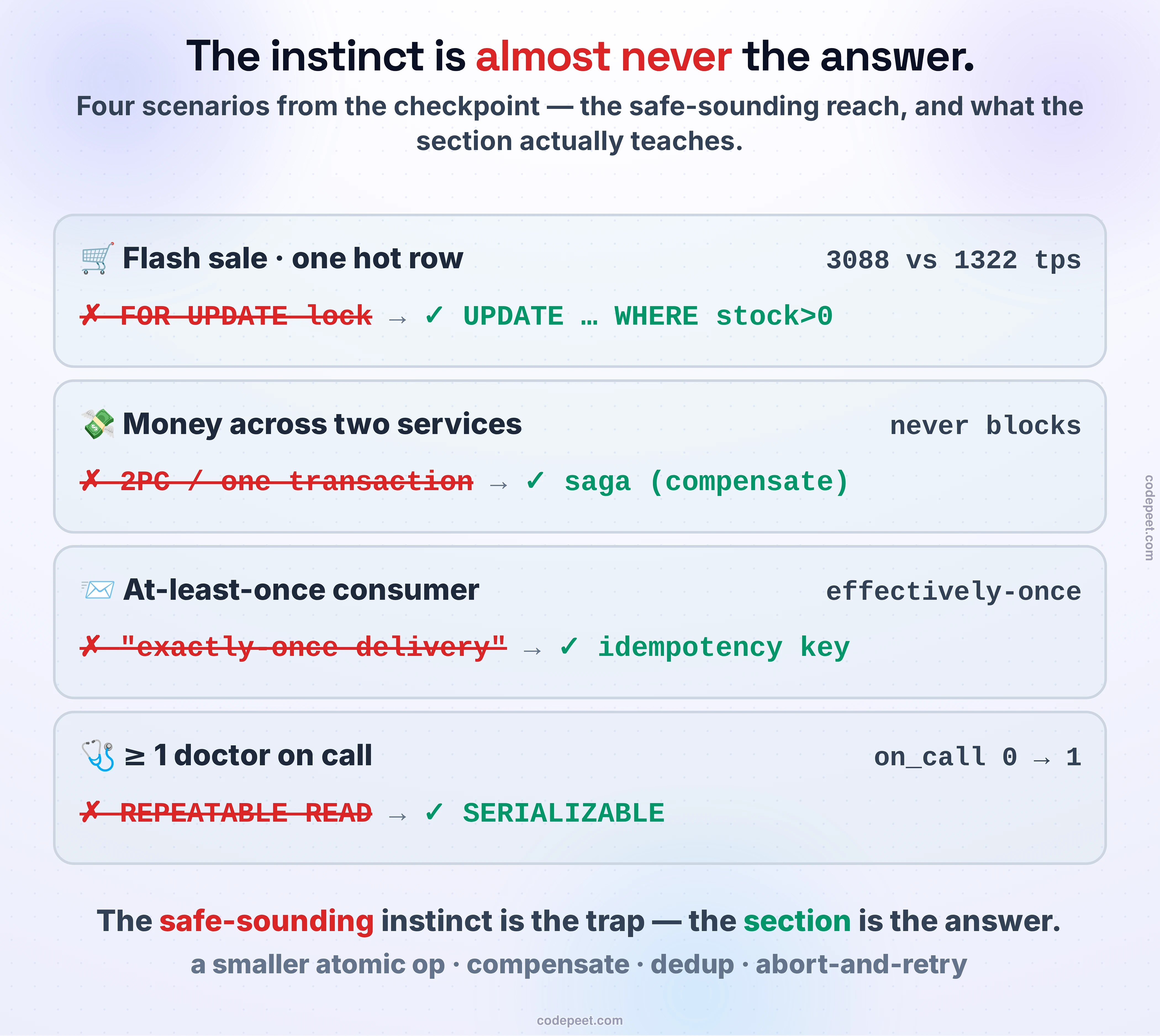 Four scenarios, the whole section on the line. For each — a hot-row flash sale, money moving across two services, an at-least-once queue consumer, and an on-call invariant — pick a transaction or concurrency strategy and watch it hold, cost too much, or break. Every wrong option is a trap the section named out loud: the naive read-modify-write oversells, the pessimistic lock is correct but the slowest, two-phase commit blocks when the coordinator dies, hashing the payload merges two real orders, REPEATABLE READ lets write skew through. Find the best call for all four — and notice the shape of the answers: a smaller atomic op, a saga, an idempotency key, and true serializable.