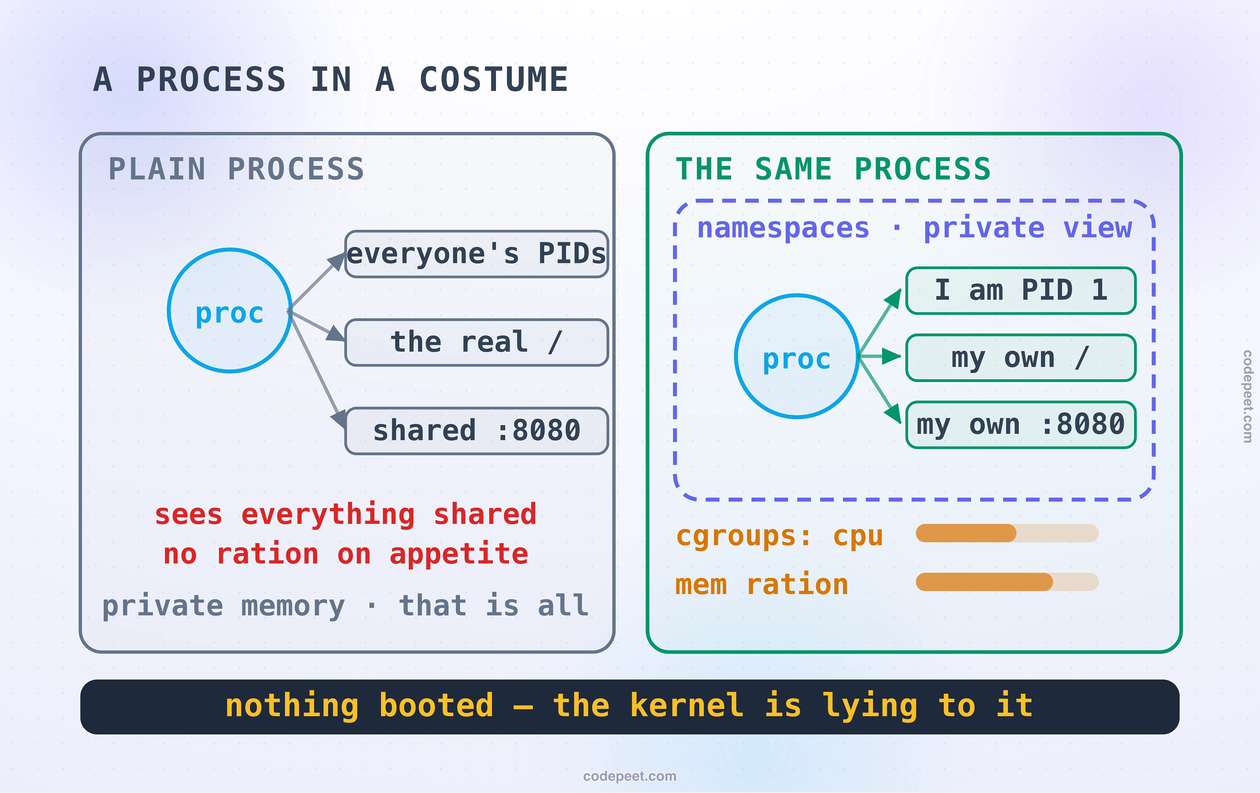 A process in a costume: on the left a plain process whose arrows leak to shared things, everyone s PIDs, the real root, the shared port 8080, with the warnings that it sees everything shared and has no ration on its appetite, private memory being all it gets. On the right the same process inside a dashed namespace ring, believing I am PID 1, my own root, my own port 8080, with cgroup meters below rationing CPU and memory, under the law: nothing booted, the kernel is lying to it.
