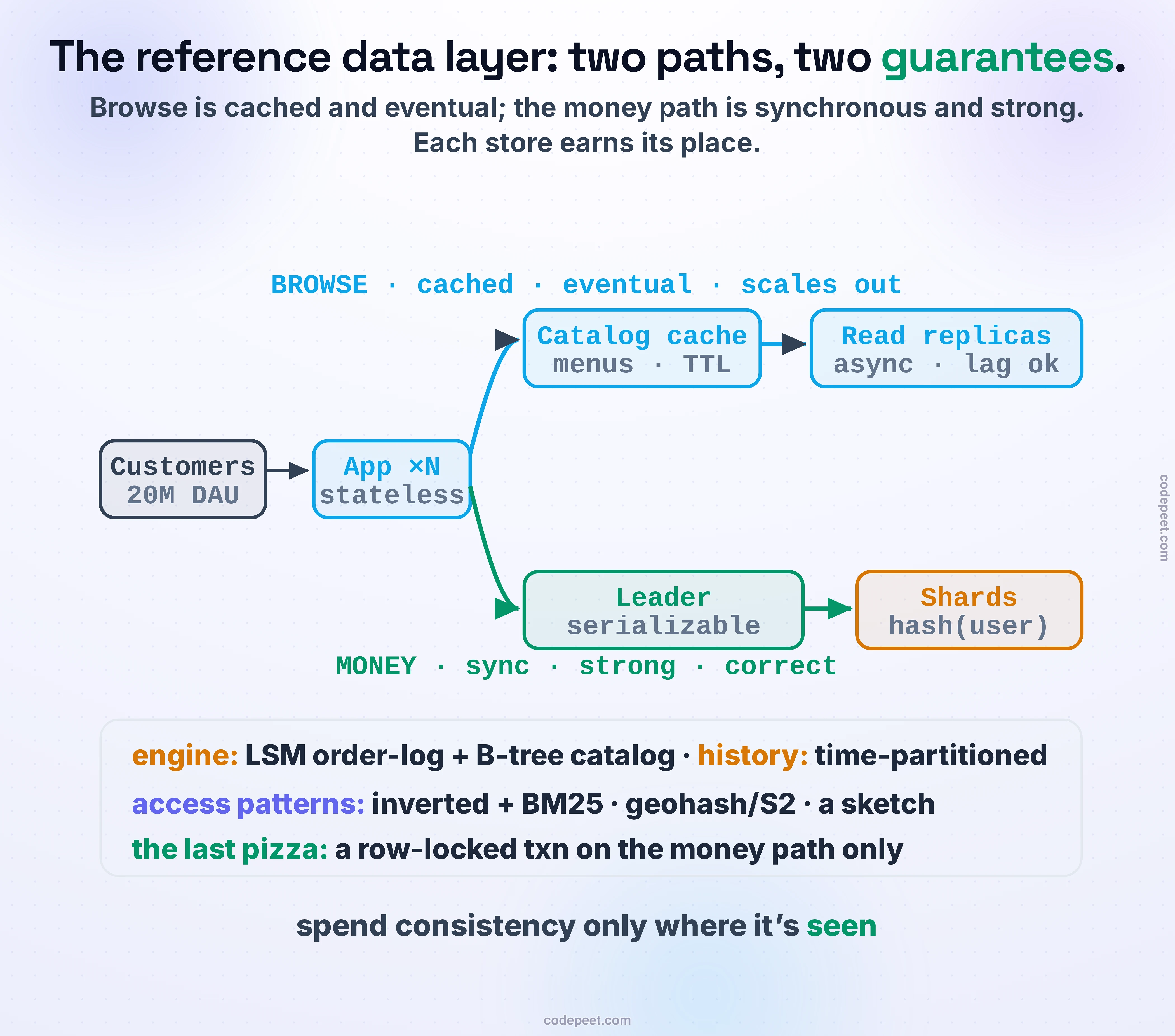 Eight decisions, in design-review order, that turn Pass 1's one honest box into a data layer that survives a national marketplace. You'll pick the storage engine for two opposite workloads, stop the last-pizza race, place consistency only where it's seen, scale 40,000 read QPS off the primary, choose a shard key that won't run hot, and give search and “near me” their own index shapes — watching the architecture assemble itself, component by graded component.