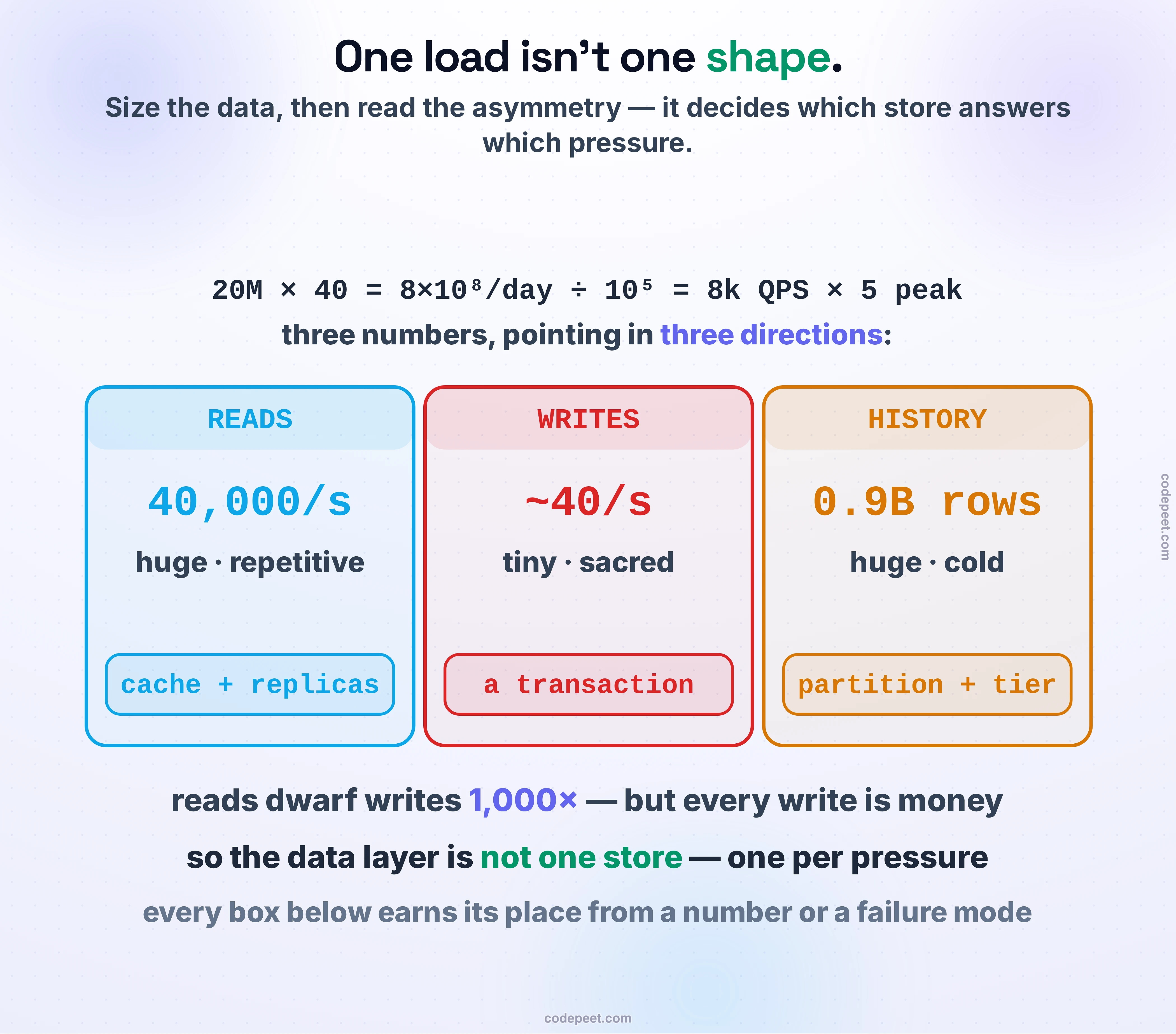 The envelope for Pass 2, and the asymmetry that drives every decision. Twenty million daily users at about forty requests each is eight hundred million requests a day; divided by the hundred thousand seconds in a day that is eight thousand queries per second on average, and with the meal-rush peak of five times, about forty thousand read queries per second at the top. Orders are only about four percent of users, roughly eight hundred thousand a day, which is about forty order-writes per second at the peak — a thousand times fewer than the reads, but each one must be exactly correct. And three years of orders is close to nine hundred million rows. The three numbers point in three directions: reads are enormous and repetitive, so they want a cache and replicas; writes are tiny but sacred, so they want a transaction; history is huge and mostly cold, so it wants partitioning and tiering. The shape of the load decides the shape of the data layer.