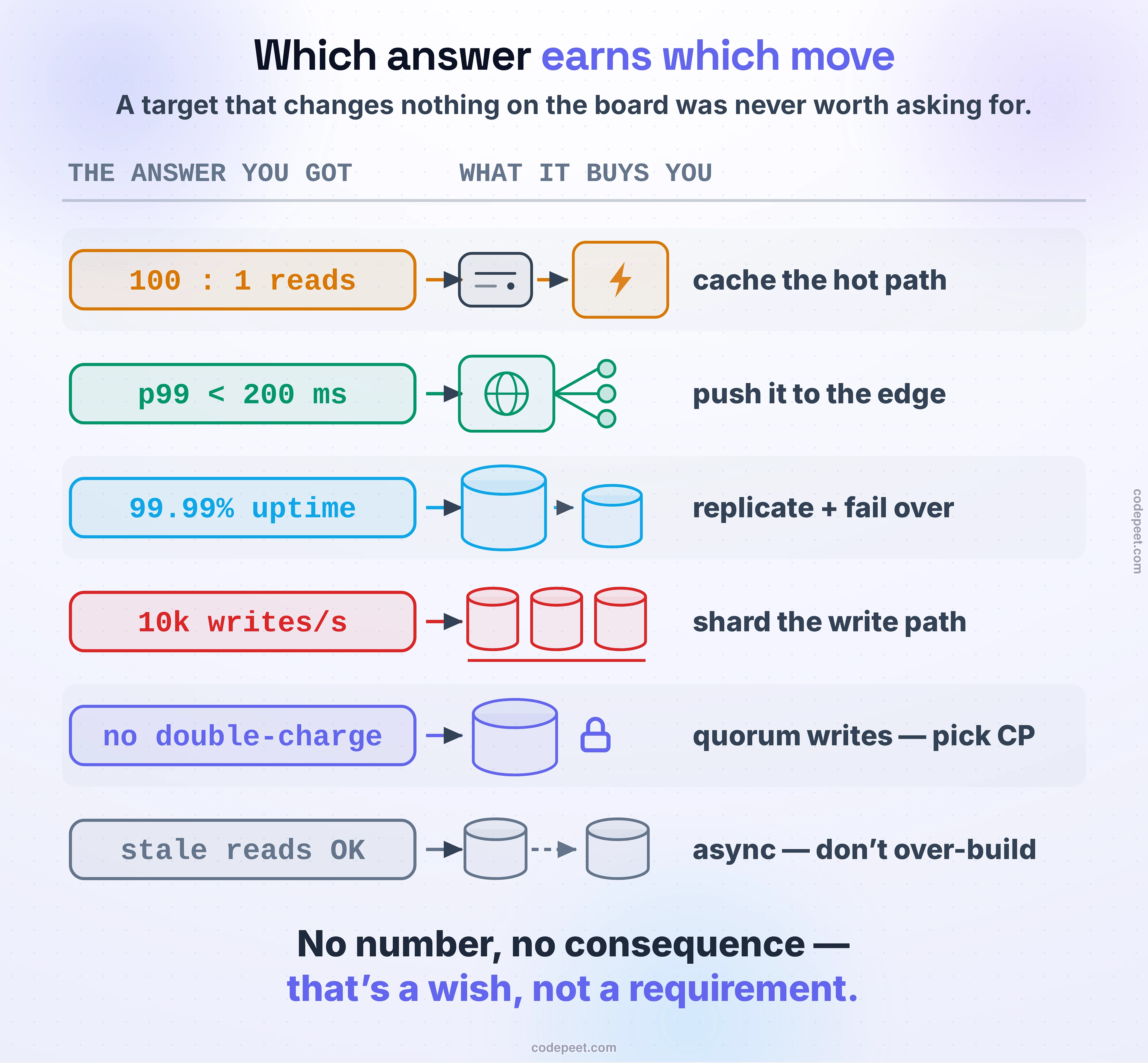 A reference figure mapping each quantified answer a candidate elicits to the concrete architectural move that answer earns, with the right-hand column drawn as real miniature diagrams instead of words, so the reader sees the structure a number buys rather than a label for it. The figure has two columns, headed THE ANSWER YOU GOT and WHAT IT BUYS YOU, and six rows. Row one: an answer of a hundred to one reads buys caching the hot path, drawn as a service box with an arrow into a cache chip. Row two: a p99 latency target under 200 milliseconds buys pushing work to the edge, drawn as a CDN globe node fanning out along three lines to three edge points of presence. Row three: a 99.99 percent uptime target buys replication and failover, drawn as a primary database cylinder with a replica cylinder beside it and a sync arrow between them. Row four: ten thousand writes per second buys sharding the write path, drawn as three database cylinders sitting on a common bar. Row five: a correctness requirement of no double-charge buys quorum writes and choosing consistency over availability, drawn as a database cylinder with a padlock beside it. Row six: an answer that stale reads are acceptable buys cheap asynchronous replication and, just as valuable, explicit permission not to over-engineer consistency, drawn as two database cylinders joined by a dashed asynchronous link. Each answer sits in a colour-matched chip and an arrow carries it into its move, so the direction of causation always runs from the elicited fact to the structure. The closing line states the test that decides whether a requirement was worth the airtime at all: no number and no consequence means it is a wish, not a requirement. Together the rows answer the question in the lesson's title — the non-functional requirements that matter are exactly the ones whose target forces a structural choice, and no others. Read left to right the map is a design aid, telling you which move an answer entitles you to make; read right to left it is a defence, letting you trace any component on your board back to the elicited fact that justifies its existence.