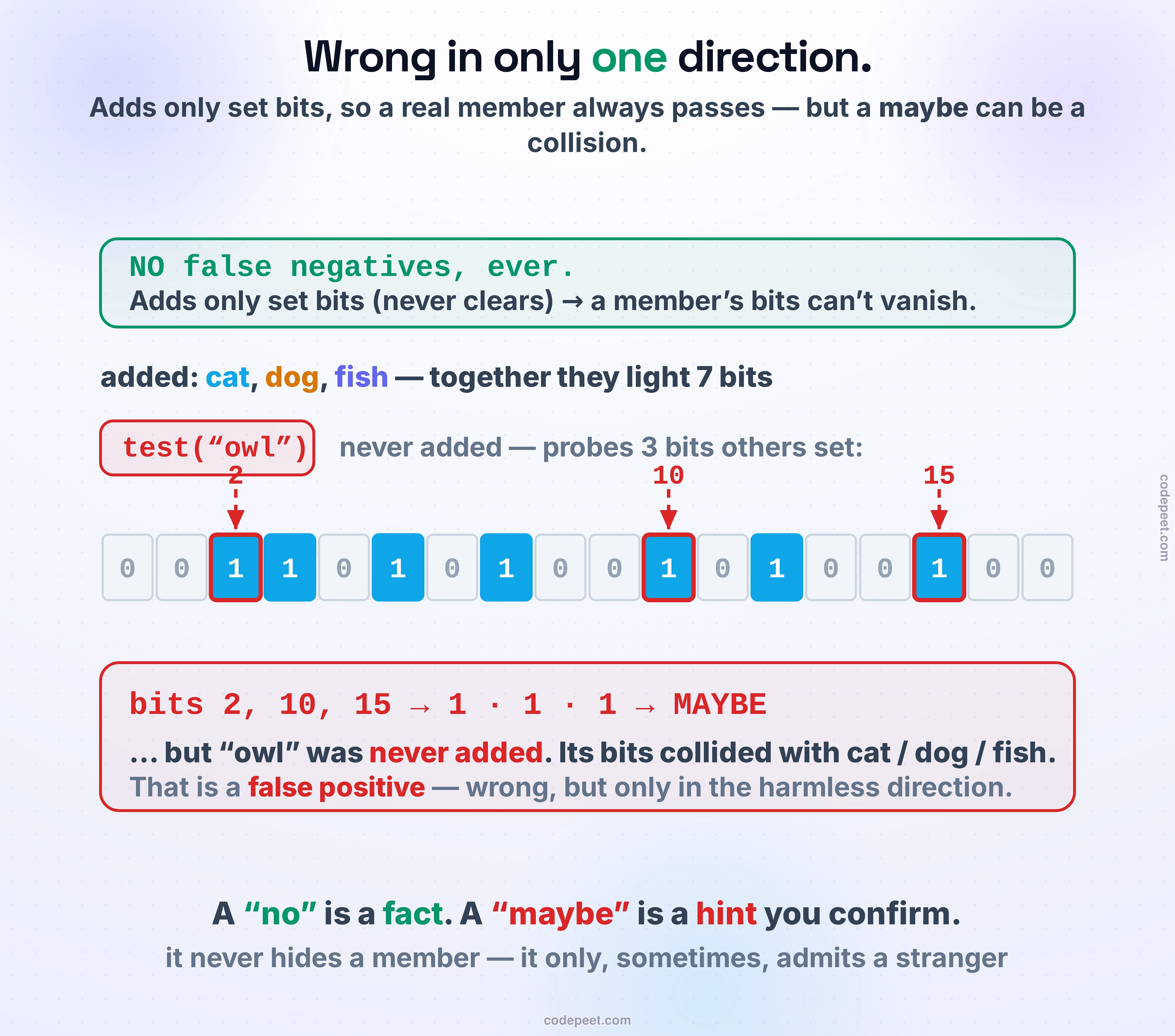 Why a Bloom filter can only be wrong in one direction, and how a false positive is born. On the left, the safe half: because adding an element only ever sets bits to 1 and never clears them, every element you added still has all of its bits set, so a genuine member always tests as MAYBE — there is no such thing as a false "no." On the right, the born false positive: three words — cat, dog, and fish — were added to a small filter, lighting up eight bits between them. Now a fourth word, "owl," which was never added, happens to hash to three positions that cat, dog, and fish already turned on. All three of owl's bits are 1, so the filter says MAYBE for a word it never saw. Nothing is broken — the bits collided by chance. That is a false positive: the filter is wrong, but only ever in the harmless direction, saying "maybe" when the truth is "no." A verdict of "no" is a fact; a verdict of "maybe" is a hint you confirm against the real data.