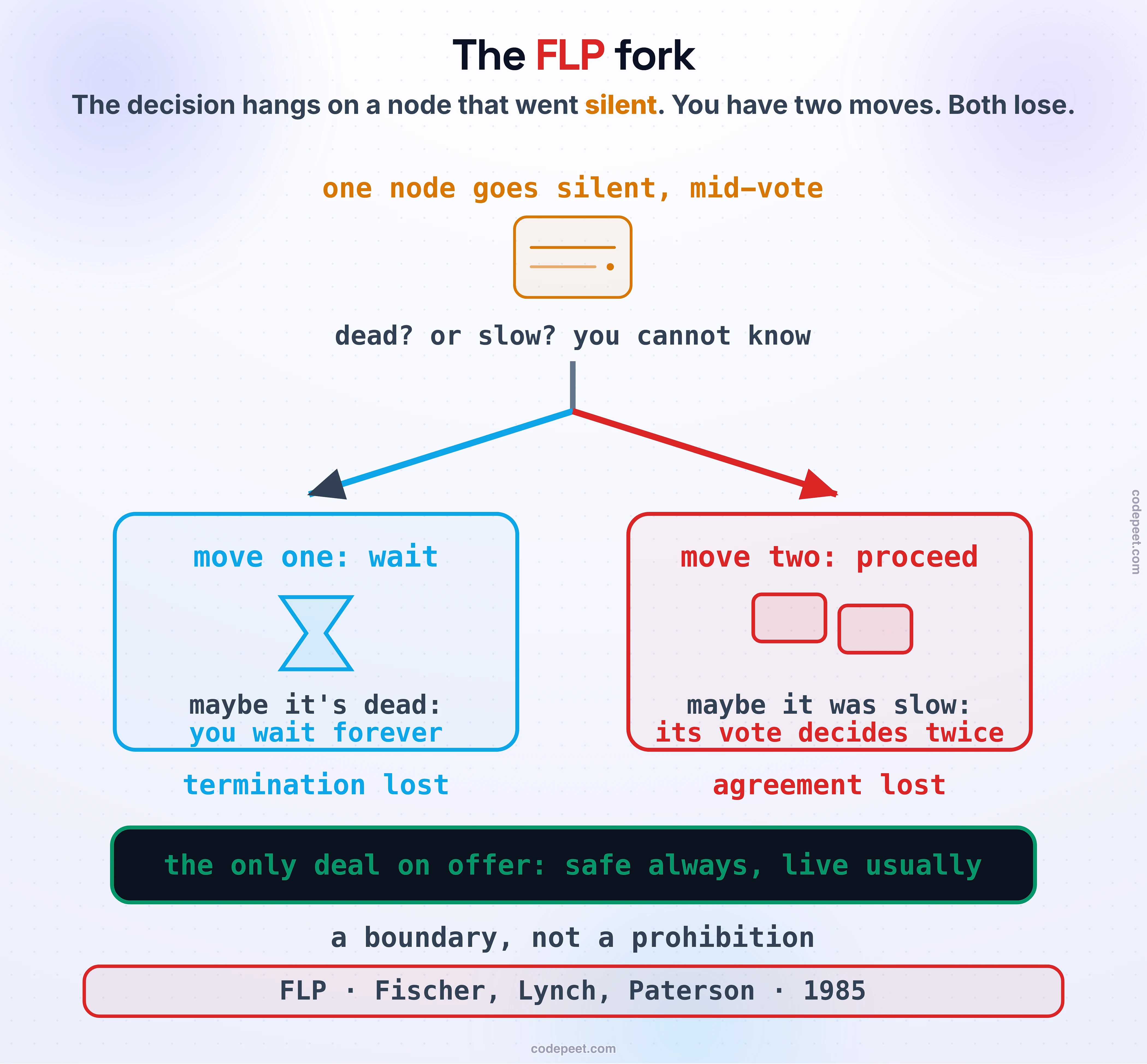 The FLP impossibility as a fork in the road. At the top, one amber node has gone silent mid-vote: dead or slow, you cannot know. The path splits. Move one, wait: an hourglass, and if it's dead you wait forever — termination lost. Move two, proceed: two overlapping tickets, because if it was only slow its vote decides twice — agreement lost. The dark banner states the only deal the mathematics offers: safe always, live usually. Beneath it: a boundary, not a prohibition — FLP, Fischer, Lynch, Paterson, 1985