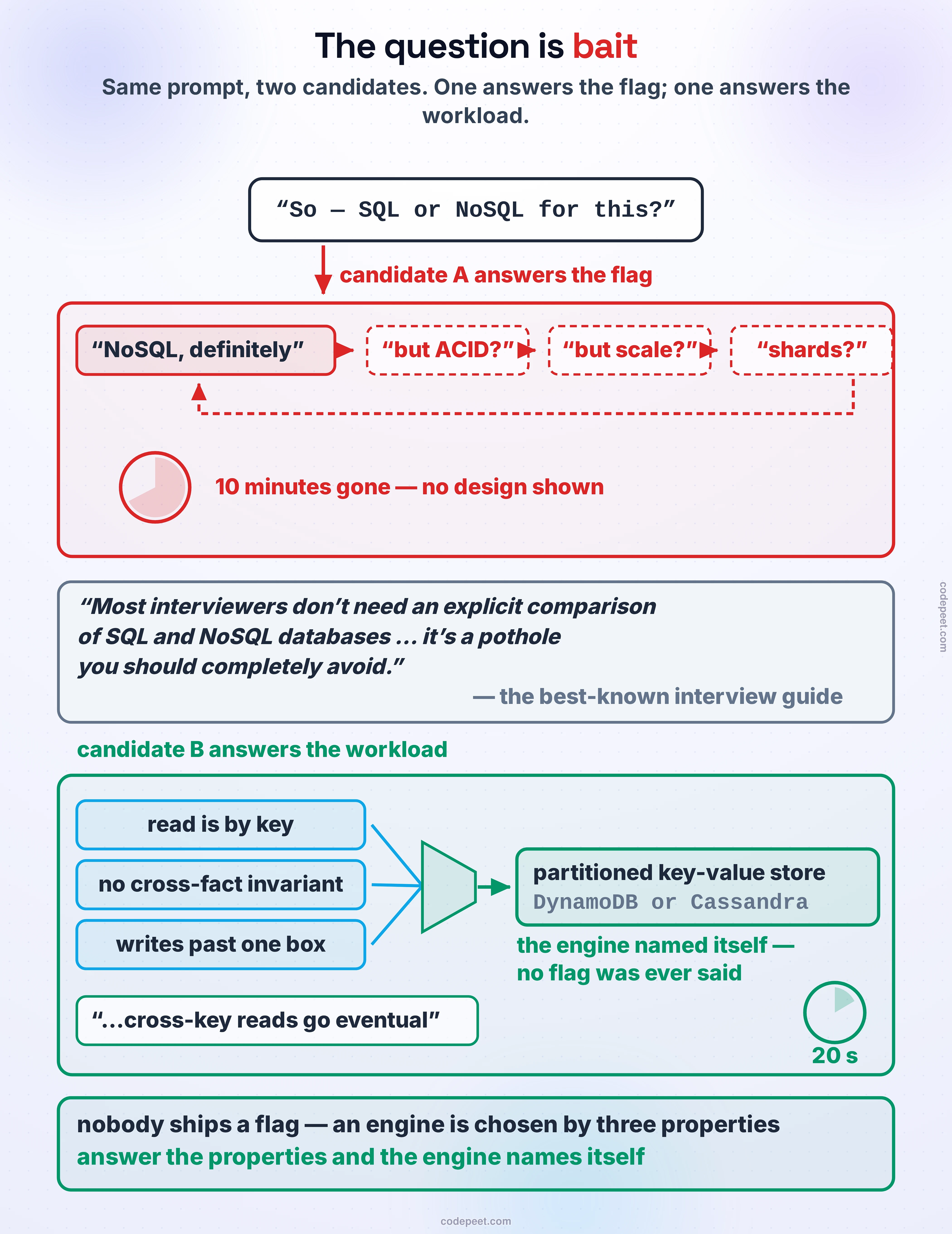 Two candidates answering the same interview question, drawn as two paths from one prompt box that reads: so, SQL or NoSQL for this? The upper path is the pothole. The candidate answers the flag — a speech chip reading NoSQL, definitely — and the path descends through an escalating spiral of debate stops: but what about transactions, but what about scale, but Postgres can do that too, each drawn as a tightening loop, ending in a clock face with ten minutes shaded gone and a verdict chip reading a religion defended, no design shown. The lower path is the sidestep. The candidate answers with three properties instead — chips reading hottest read is by key, no invariant spans two facts, and write rate beyond one box — and the path runs straight: the three chips feed a funnel out of which an engine names itself, a partitioned key-value store, DynamoDB or Cassandra, with a scope sentence attached: per-key access, eventual across keys, and we size partitions up front. The path ends at a chip reading twenty seconds, and the design continues. Between the two paths sits the verbatim outside anchor in a quotation band: most interviewers don't need an explicit comparison of SQL and NoSQL databases in your session and it's a pothole you should completely avoid — the best-known interview guide calling the question itself a trap. A closing band states the law: nobody ships SQL or NoSQL; they ship an engine chosen by three properties of one workload — answer the properties and the engine names itself.