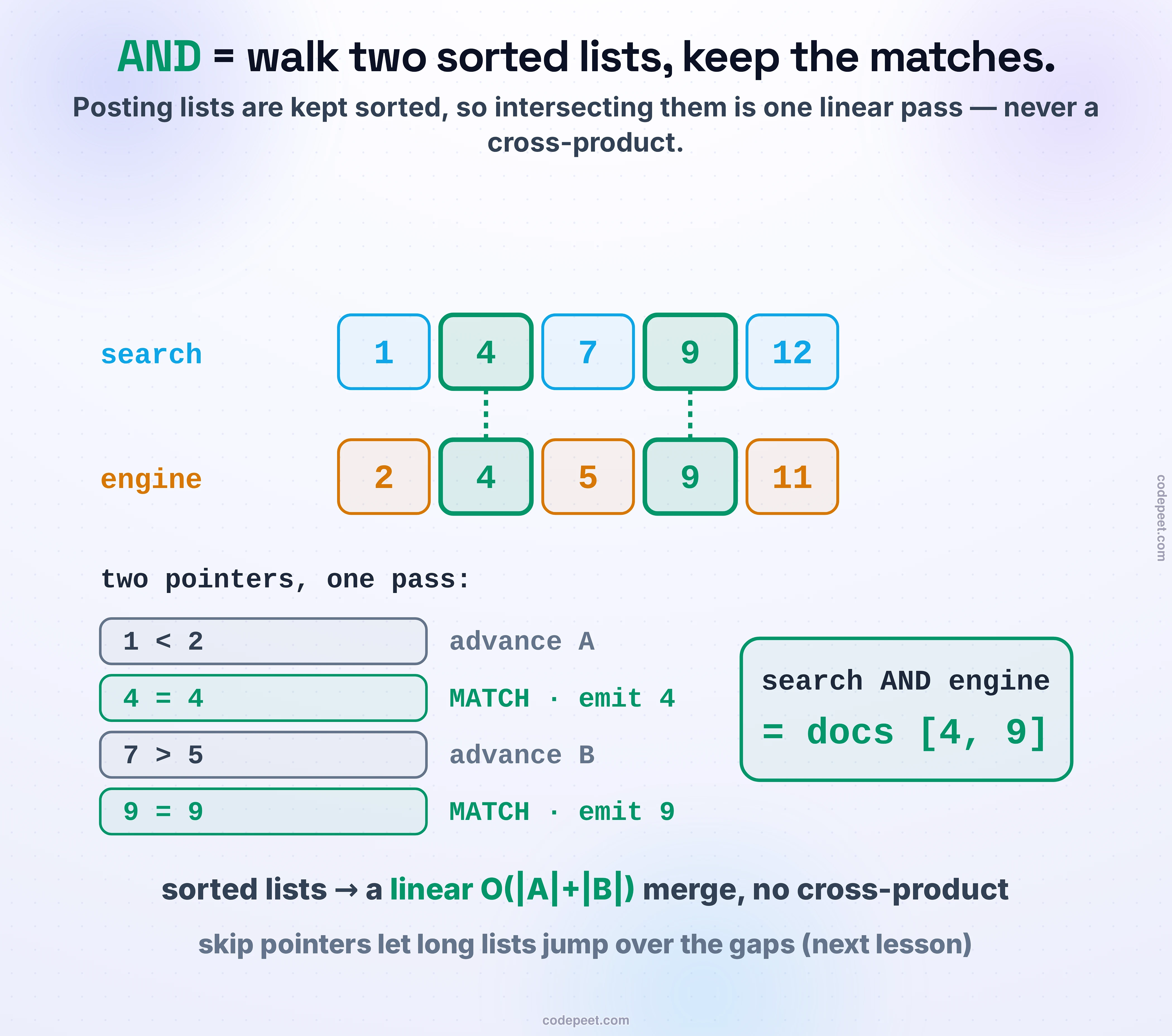 How a search engine answers a multi-word AND query by intersecting posting lists. Each term's posting list is a sorted list of document ids — here search is in documents 1, 4, 7, 9, 12 and engine is in 2, 4, 5, 9, 11. To find documents containing both, you walk the two lists with a pair of pointers: compare the two current ids, advance the pointer on the smaller one, and whenever they are equal emit a match. Stepping through: 1 is less than 2 so advance the first list; 4 equals 4, emit document 4; 7 is greater than 5 so advance the second list; and 9 equals 9, another match. The result of search AND engine is documents 4 and 9. Because the posting lists are kept sorted, this is a single linear pass costing on the order of the sum of the two list lengths, never a quadratic cross-product, and skip pointers let long lists jump over gaps to go even faster.