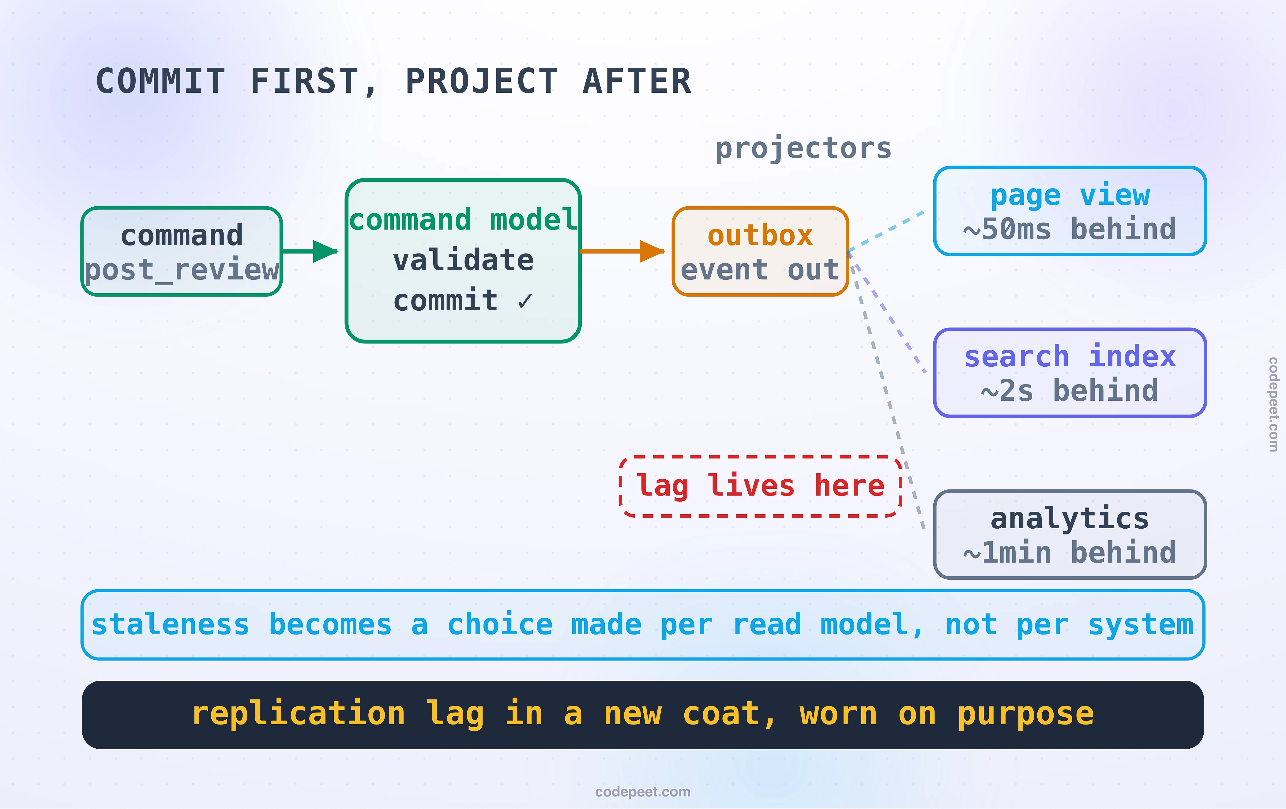 The pipeline titled: commit first, project after. A post-review command enters the command model, which validates and commits, then the event leaves through the outbox. From there dashed projector lines fan to three read models with their own staleness stamps: the page view about fifty milliseconds behind, the search index about two seconds behind, and analytics about a minute behind. A red dashed box under the outbox marks where the lag lives. A sky band states that staleness becomes a choice made per read model, and the dark band closes: replication lag in a new coat, worn on purpose.