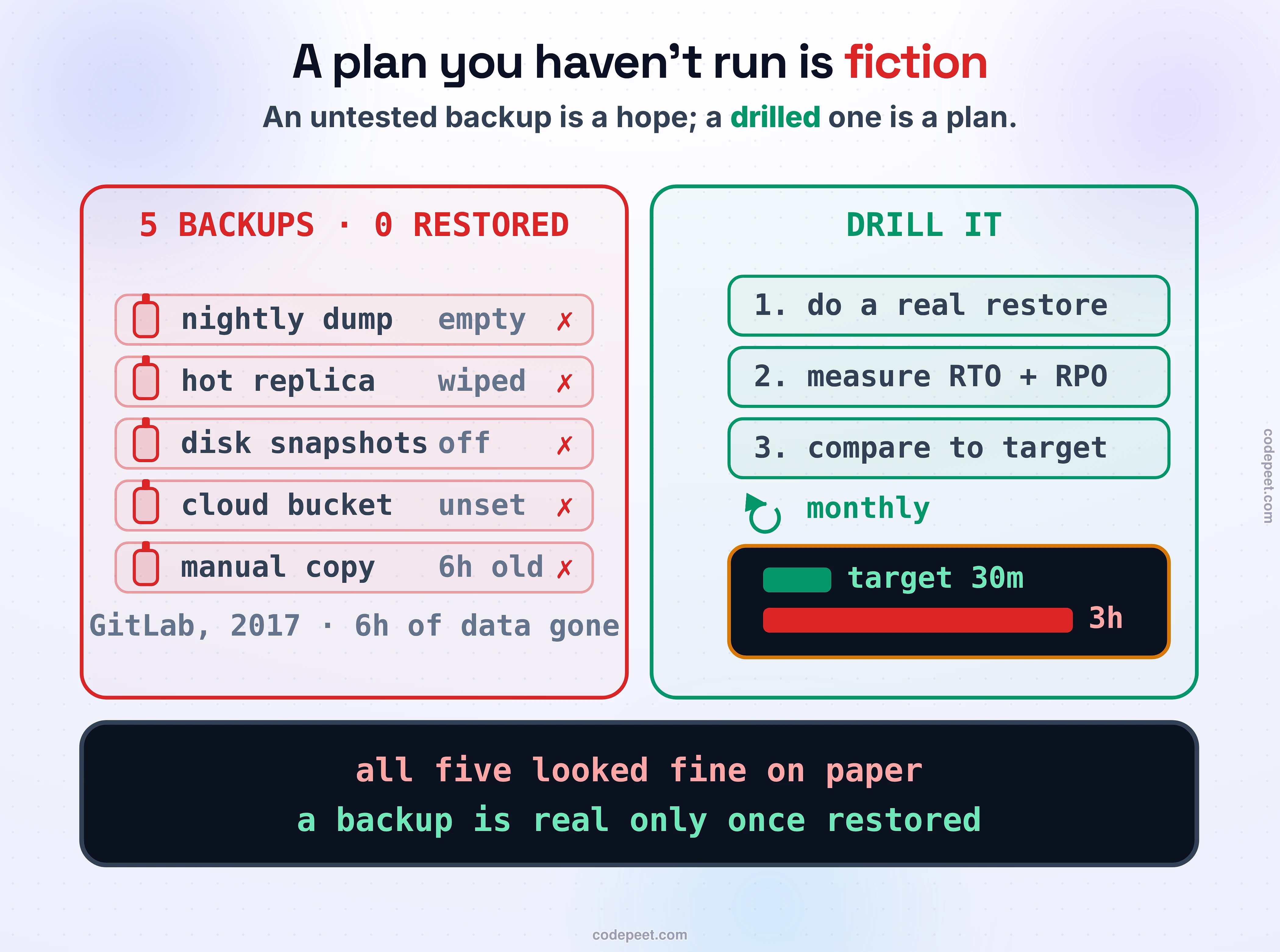 A plan you have never run is fiction, drawn as a cautionary tale. On the left, five backup methods lined up like fire extinguishers, each stamped with a red X: the nightly dump failed silently, the replica was wiped, the snapshots weren't taken, the cloud copy was never configured, the last resort was days old. All five looked fine on paper; none of them worked when the fire started — the real GitLab lesson, six hours of data gone. On the right, the cure: a recurring drill where you actually restore into a fresh environment and measure the RTO and RPO you truly hit, then compare that measured line against your target line — the gap between them is your real posture, not the number in the plan. Law band: an untested backup is a hope; a drilled one is a plan.