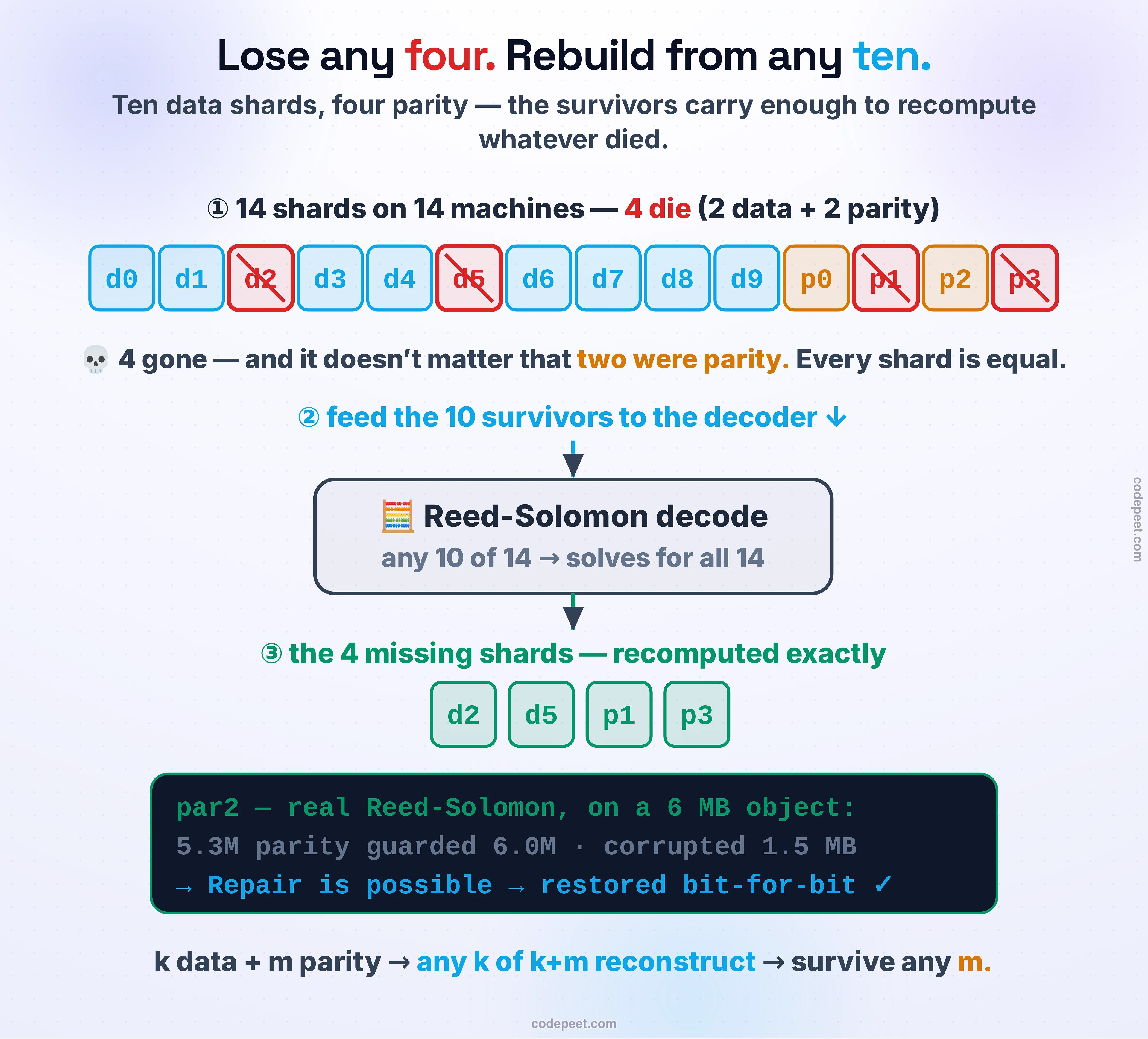 How Reed-Solomon rebuilds a lost shard. Across the top, an object is split into ten data shards, d0 through d9, drawn in blue, plus four parity shards, p0 through p3, drawn in amber — fourteen shards total, each on its own machine. In the middle, four of them are struck out with skulls: two data shards and two parity shards are gone, four simultaneous losses. Below, an arrow shows the ten surviving shards feeding into a Reed-Solomon decode box, which recomputes the four missing shards exactly. At the bottom, the verdict from a real par2 run: 5.3 megabytes of parity guarded 6.0 megabytes of data, 1.5 megabytes were corrupted, and the repair restored the object bit-for-bit. The rule stated plainly: with k data and m parity shards, any k of the k-plus-m reconstruct everything, so you survive the loss of any m shards — data or parity, it does not matter which.
