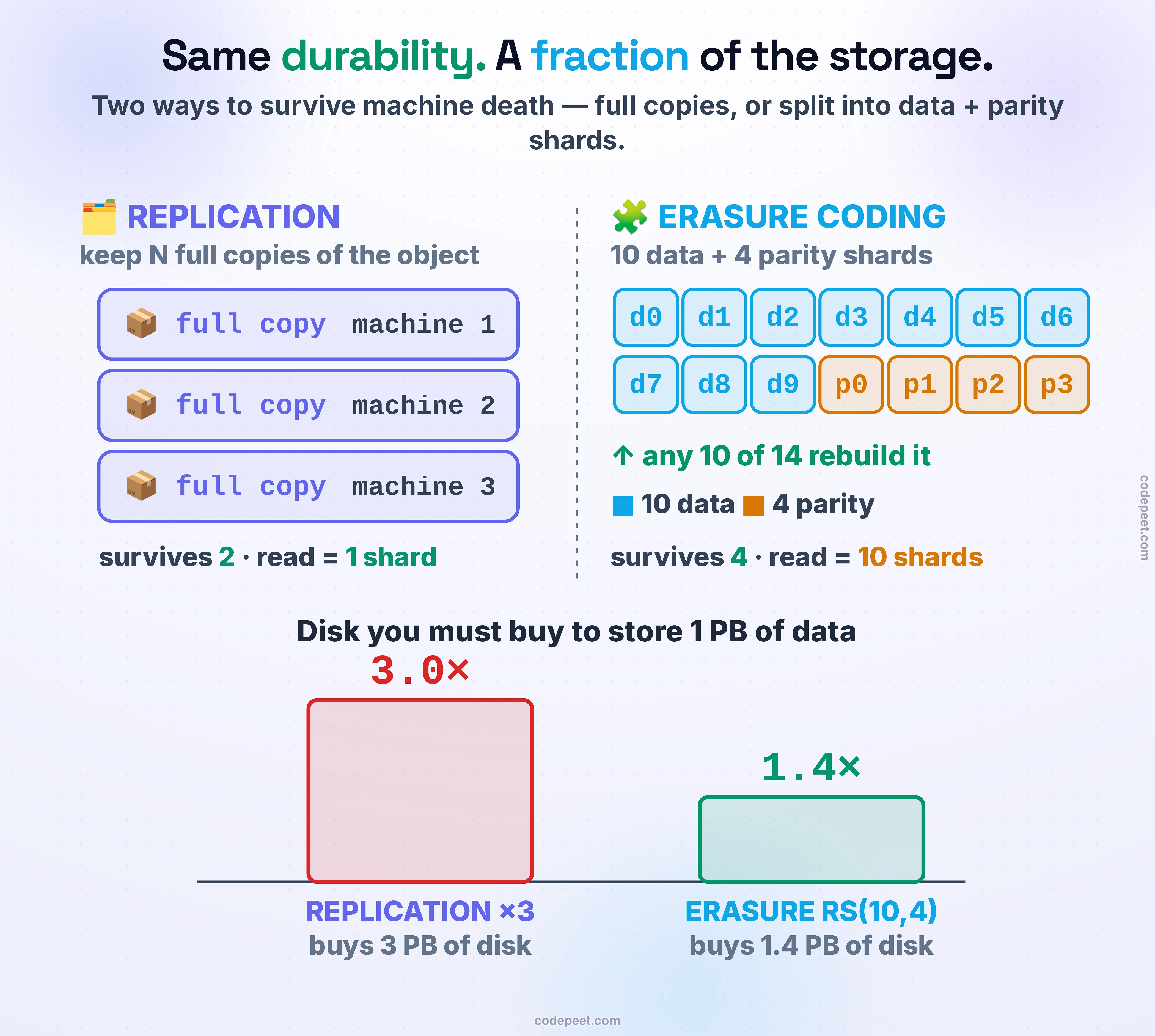 Two ways to survive the same failures, at very different prices. On the left, REPLICATION: one object drawn as three identical full copies on three machines — durable against two losses, but it stores three petabytes of disk for every one petabyte of data, an overhead of 3.0 times. On the right, ERASURE CODING: the same object split into ten data shards plus four computed parity shards, fourteen pieces spread across fourteen machines, where any ten of the fourteen rebuild the whole object — so it also survives four losses, but stores only 1.4 petabytes of disk per petabyte of data, an overhead of 1.4 times. A bar under each scheme compares the storage bill: replication's bar towers at 3.0 times while erasure coding's sits at 1.4 times. The bottom line: the same durability, a fraction of the storage — which is why cold, large data at petabyte scale is erasure-coded, not replicated.