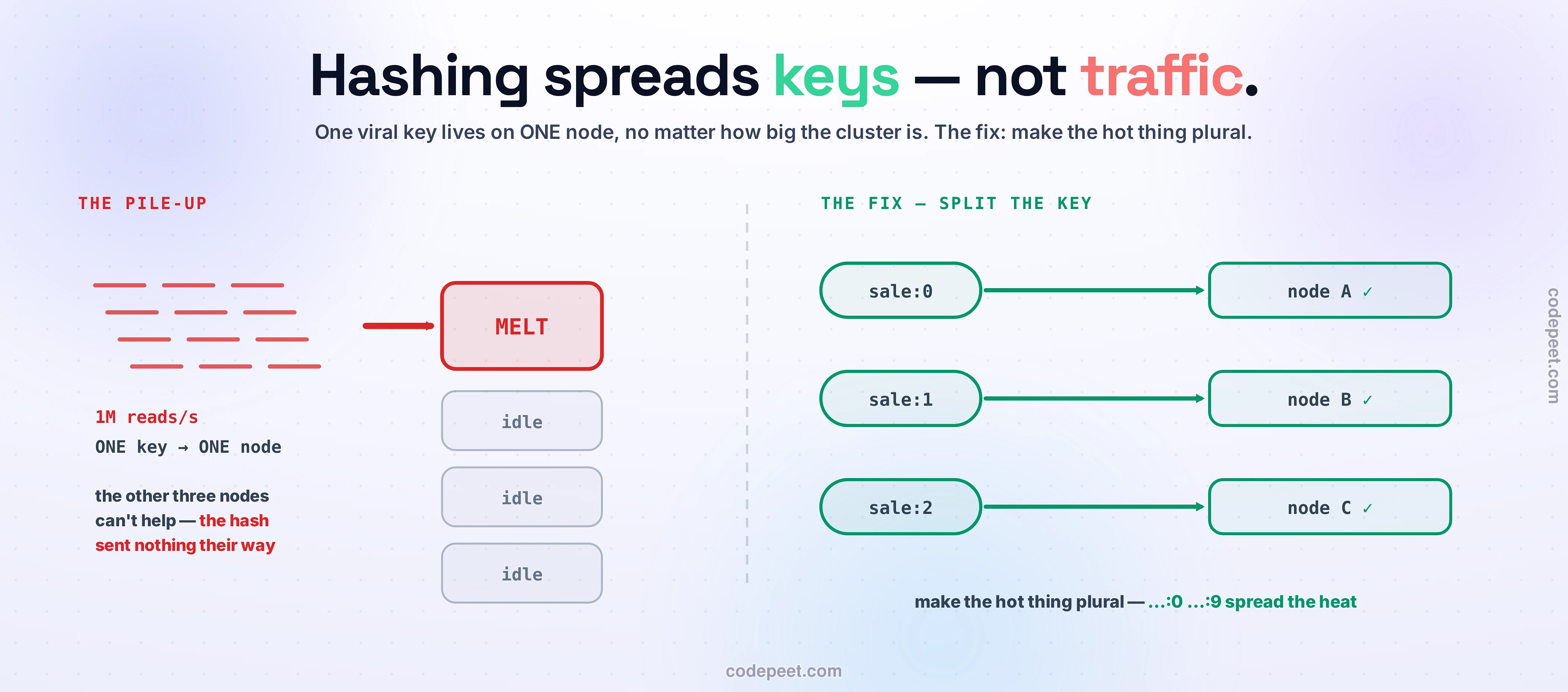 The hot-key failure and its fix, drawn as one before-and-after. Left, the pile-up: a swarm of thick red read-strokes funnels through one bold arrow into a large node marked MELT while three idle nodes sit below untouched — one million reads a second of ONE key on ONE node; the other three nodes can't help, the hash sent nothing their way. Right, the fix — split the key: three green chips, sale:0, sale:1, sale:2, each firing a bold arrow into its own green-checked node A, B and C. Closing line: make the hot thing plural — numbered sub-keys spread the heat.