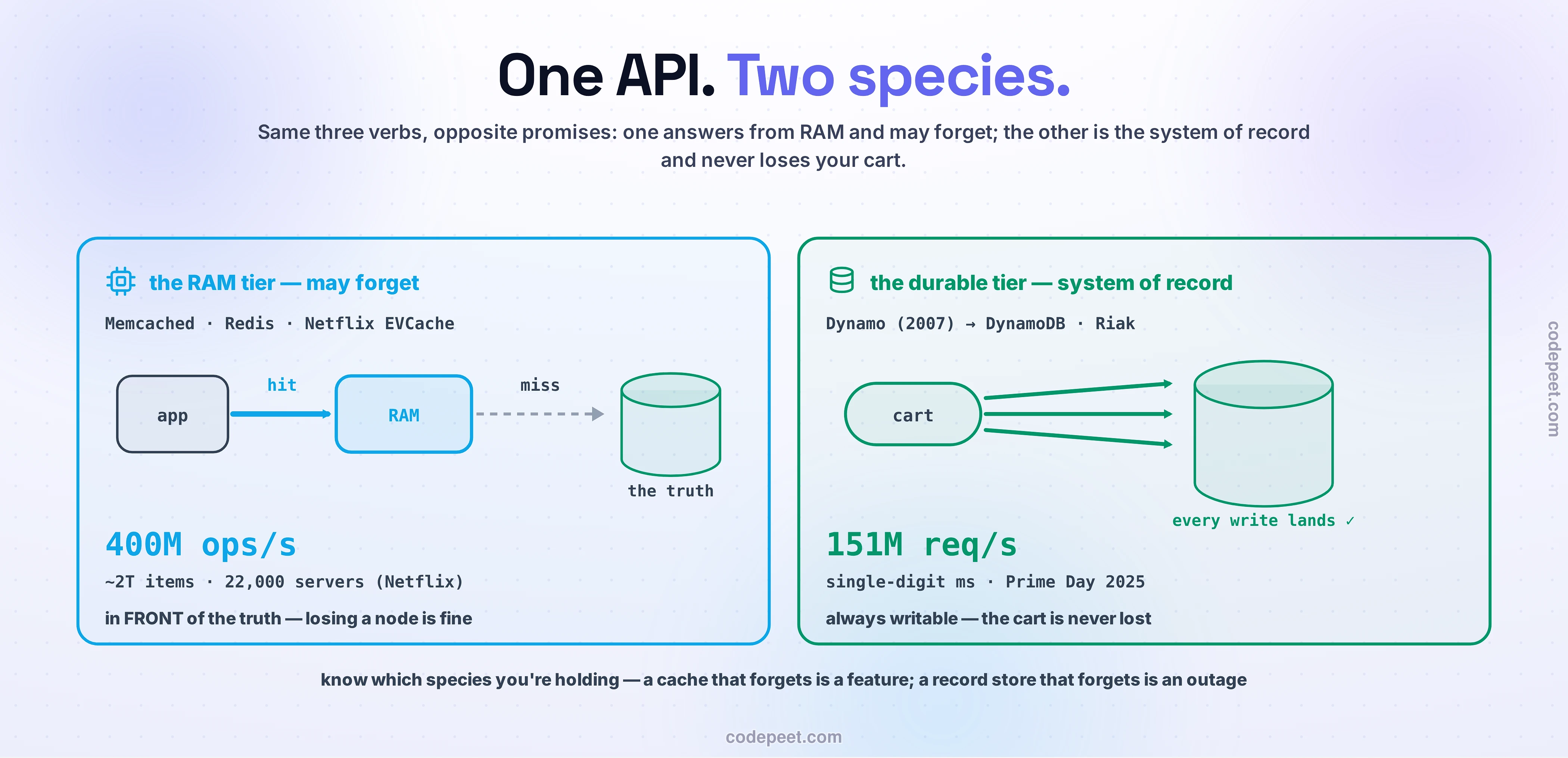 The two species of key-value store, drawn as two large panels. Left, the RAM tier — may forget: Memcached, Redis, Netflix EVCache; an app box fires a thick hit arrow that stops at a RAM box, while only a thin dashed miss line continues to a green cylinder labeled the truth — 400 million operations a second, about two trillion items on 22,000 servers at Netflix; in front of the truth, losing a node is fine. Right, the durable tier — system of record: the Dynamo 2007 lineage into DynamoDB and Riak; a cart chip fires three bold green write arrows into a large cylinder — every write lands — at 151 million requests a second, single-digit milliseconds, Prime Day 2025; always writable, the cart is never lost. Closing line: a cache that forgets is a feature; a record store that forgets is an outage.
