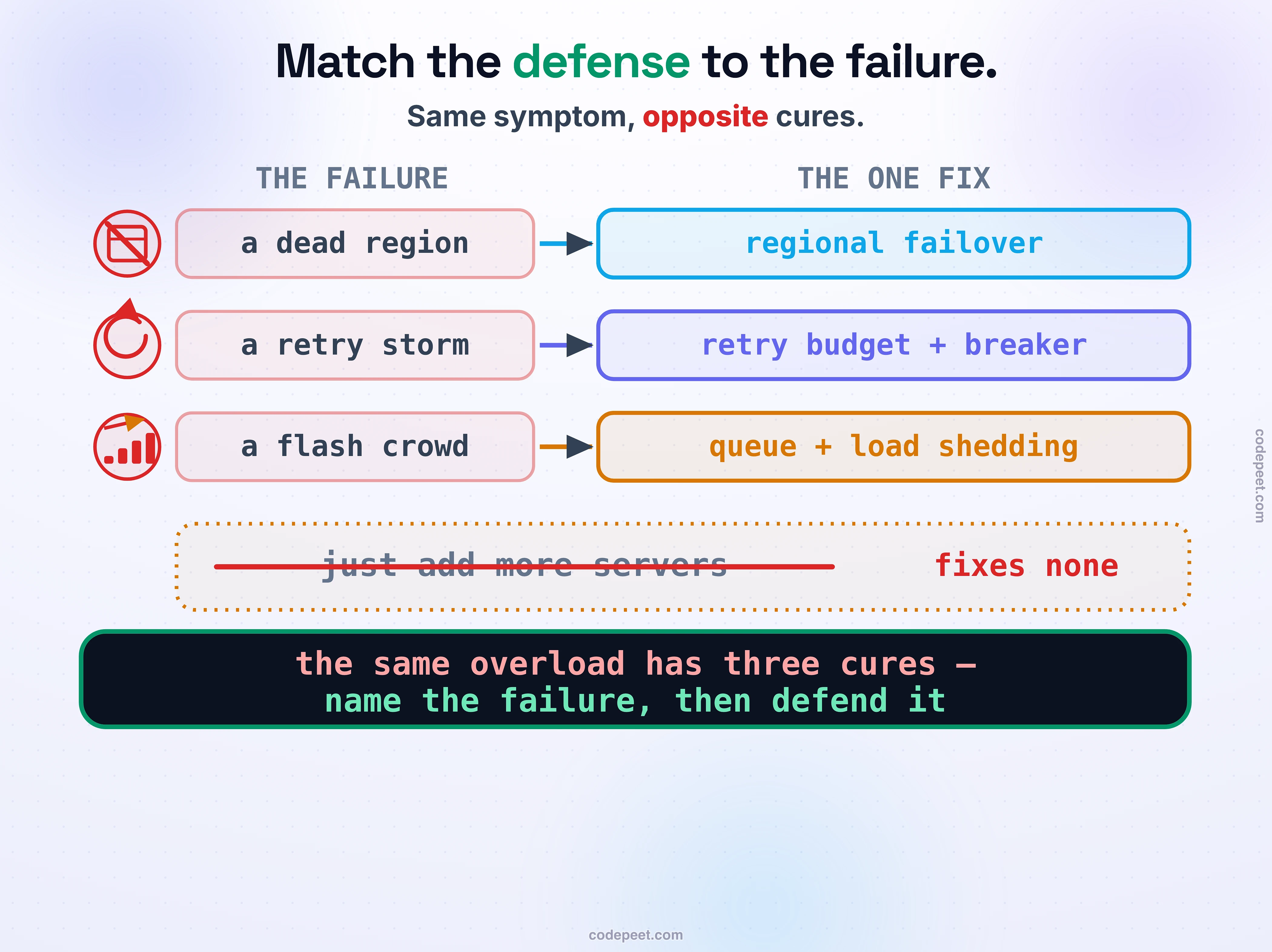 Run a game day on the marketplace you built. Orders are flowing and your service level is green. Now hit it: kill a region, unleash a retry storm, or flood it with a flash crowd — each one drops your orders and turns the service level red. Your job is to pick the defense that actually matches the failure from four options: regional failover, a retry budget with a circuit breaker, a queue with load shedding, or the tempting one, just add more servers. Match it right and the orders flow again; reach for more servers and watch it do nothing, because you cannot scale out of a metastable retry storm or a lost region. Survive all three and your marketplace, and this whole part is done.