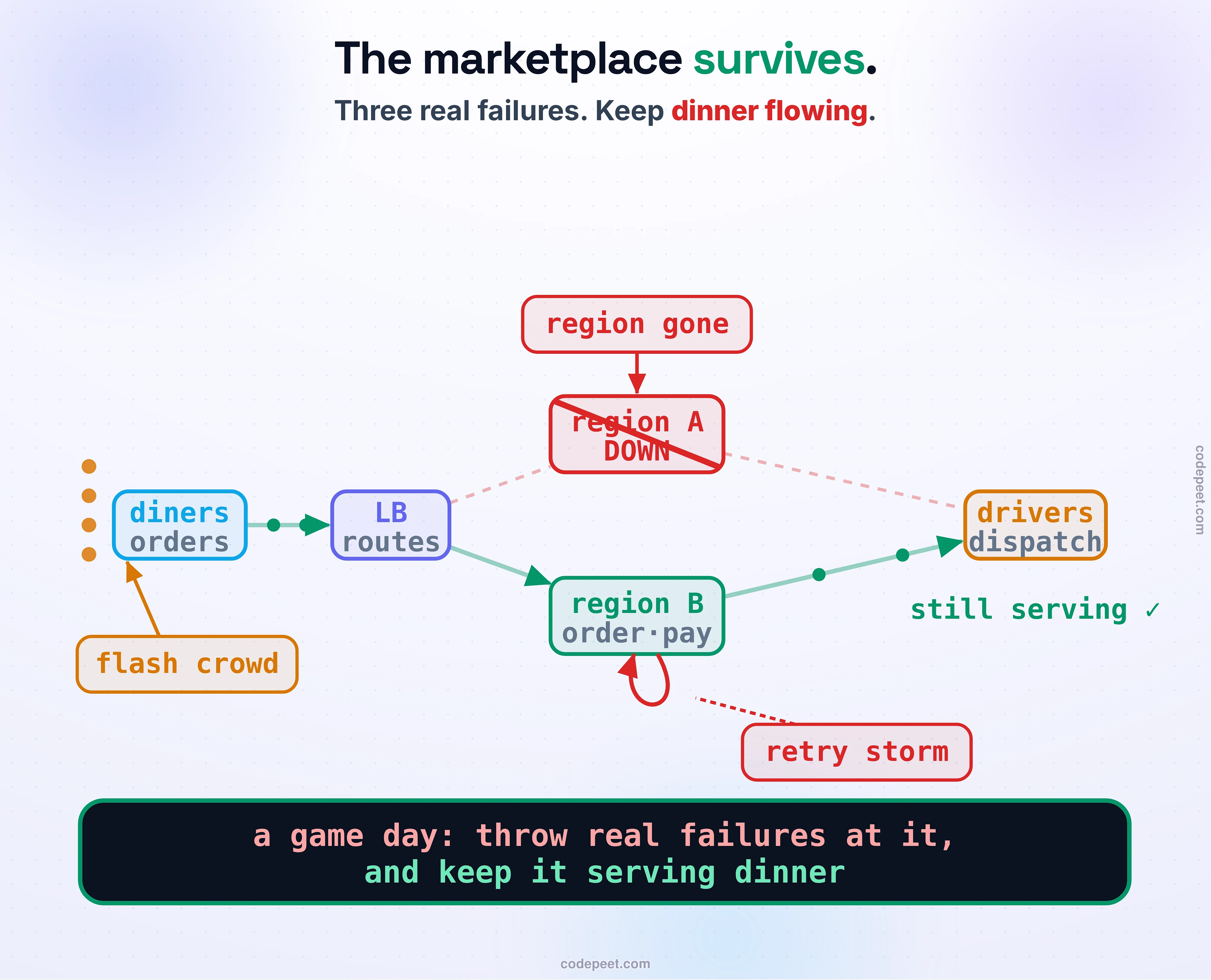 The food-delivery marketplace under fire, drawn as a live system taking three hits at once. In the center is the marketplace the student has built: diners on the left send orders through a load balancer into two regions, each running the order, payments, and dispatch services over a sharded database, with drivers being matched on the right. Three failures strike it, each labeled: a whole region is crossed out in red (region loss); a tangle of looping red arrows piles onto one service (a retry storm); and a huge surge of diner icons floods the front door (a flash crowd). Despite all three, green order arrows still flow out the far side to the drivers, because the system is defended. A banner reads: keep dinner flowing through all three. Law band: the capstone is a game day, throw real failures at your system and keep it serving.