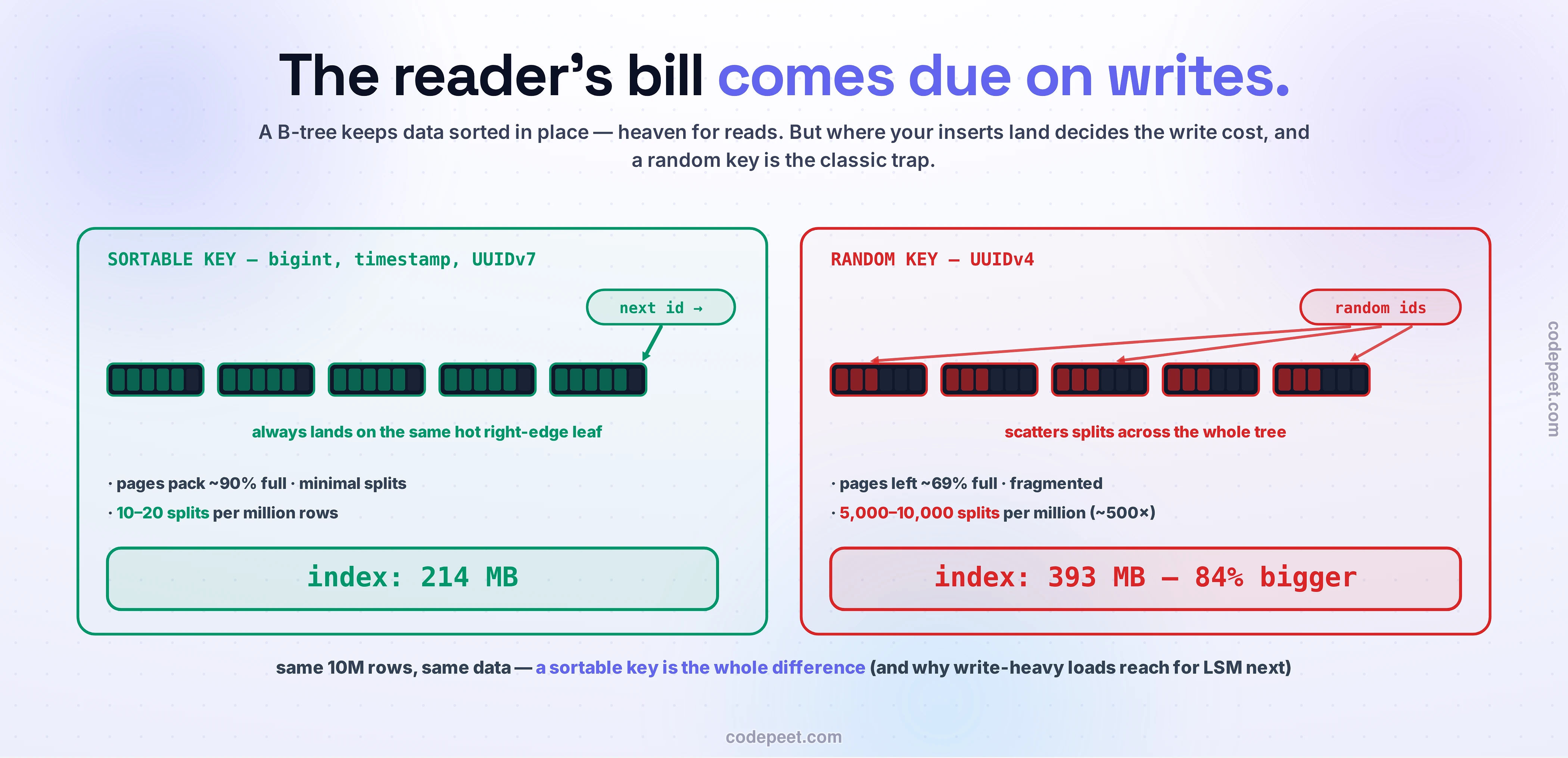 Two side-by-side panels showing that where inserts land decides a B-tree's write cost, with the measured index sizes. Left, green, SORTABLE KEY (bigint, timestamp, UUIDv7): a next-id chip arrows onto the single right-edge leaf, all leaves nearly full — always lands on the same hot right-edge leaf, pages pack about 90% full, 10 to 20 splits per million rows — index 214 MB. Right, red, RANDOM KEY (UUIDv4): a random-ids chip fires three arrows to three scattered half-full leaves — scatters splits across the whole tree, pages about 69% full, 5,000 to 10,000 splits per million (~500× more) — index 393 MB, 84% bigger. Same 10 million rows, same data — a sortable key is the whole difference, and why write-heavy loads reach for LSM next.
