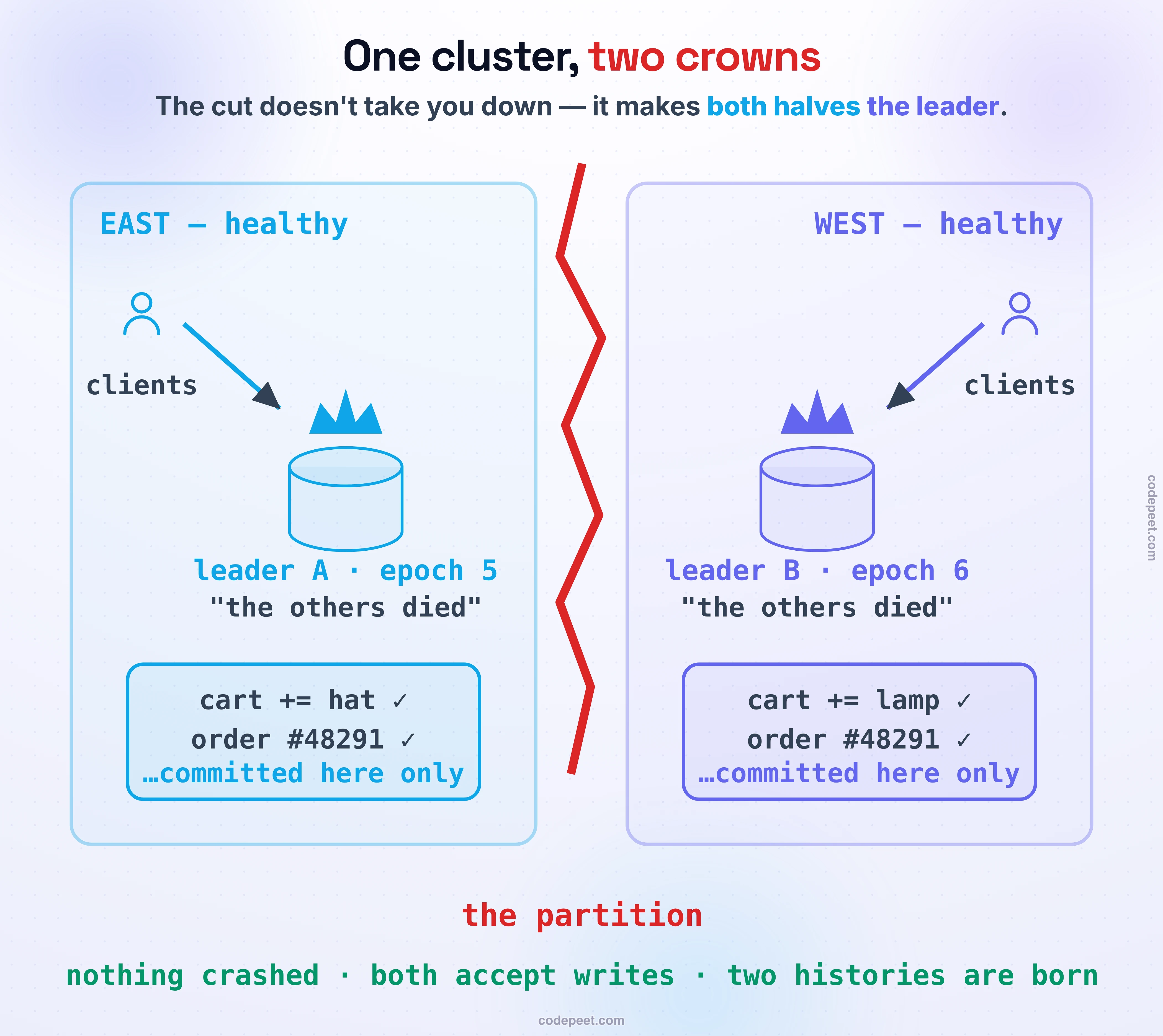 Split brain drawn literally: a jagged red tear labelled 'the partition' splits one cluster down the middle into two healthy halves. On the east side, clients send writes into database A, which wears a blue crown and is labelled 'leader A, epoch 5' with the thought 'the others died'; its ledger shows cart += hat and order #48291 committed, marked 'committed here only'. On the west side, the mirror image: clients write into database B, wearing a violet crown, labelled 'leader B, epoch 6', with the same thought, 'the others died'; its ledger shows cart += lamp and the SAME order number #48291 committed, also 'committed here only'. A green line at the foot carries the point: nothing crashed, both halves accept writes, two histories are born. The picture is the lesson in one glance: a partition does not take the system down; it crowns a second leader and lets two equally committed, conflicting histories grow.