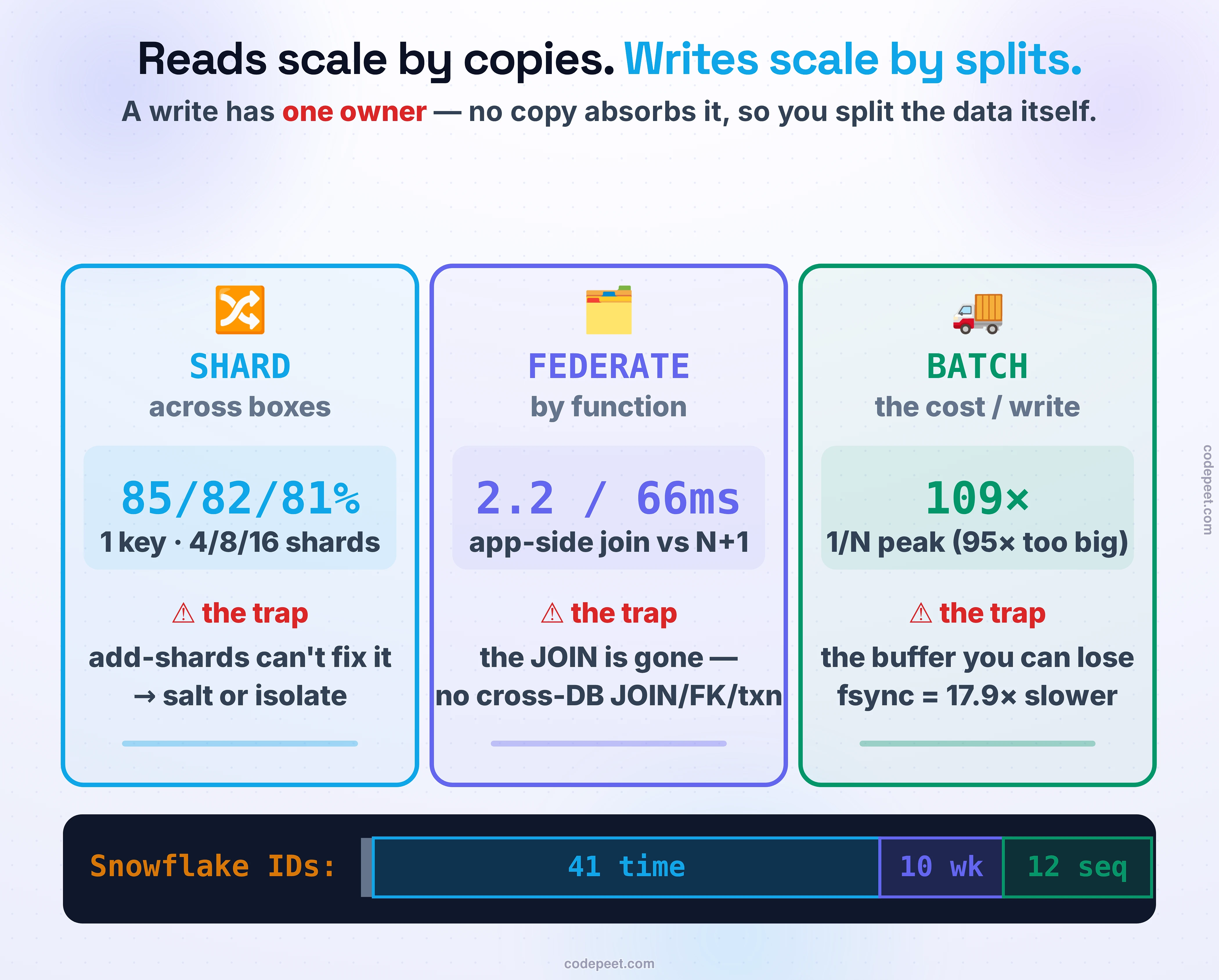The Scaling Writes & Partitioning section as a scoreboard, organized by its unifying law: reads scale by copies, but writes scale by SPLITS — a write has exactly one owner, so no replica, cache, or index can absorb it. Three ways to split, each with its measured win and its killer trap. SPLIT ONE TABLE ACROSS BOXES = SHARD, for throughput: the shard key is the whole decision (high cardinality, even, and in your top query's WHERE); the ring balances the keyspace, not per-key load (a viral key still lands on one shard); and you cannot add-shards your way out of one hot key — measured 85, 82, 81 percent on a single shard at 4, 8, and 16 shards, the peak getting worse, so salt the key or isolate the whale. SPLIT DIFFERENT TABLES BY FUNCTION = FEDERATE, for isolation: but the JOIN is gone — an app-side IN-batch at 2.2 milliseconds done right, or a 66-millisecond N plus one done wrong. SPLIT THE COST PER WRITE = BATCH: amortize the fixed toll on a 1-over-N curve (109 times at the peak, regressing to 95), at the price of latency and a buffer you can lose (fsync-each is 17.9 times slower — that gap is the loss window). And every split needs ids that don't collide with no coordinator: Snowflake, 1 sign, 41 timestamp, 10 worker, 12 sequence, sortable because time leads. The footer carries the section's charge: you can't copy your way out of a write — you split it, and the split key is the one decision you can't cheaply take back.