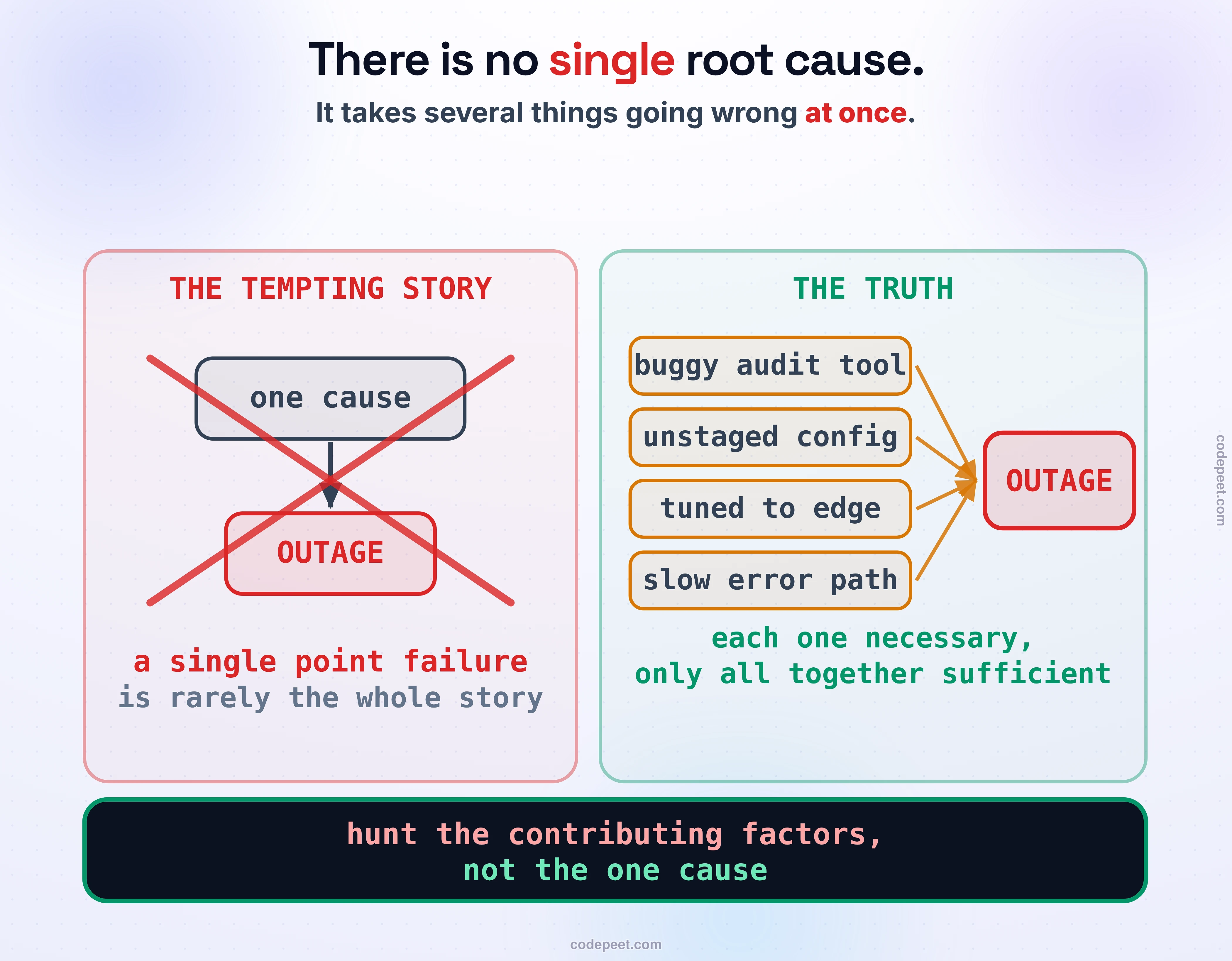 Why there is no single root cause, drawn as a before-and-after. On the left, the tempting story: a single box labeled root cause with one straight arrow pointing to a box labeled OUTAGE, and the whole thing is crossed out in red, because a single point failure is almost never the whole story. On the right, the truth: four separate factor cards, a buggy audit tool, config not staged like code, a system tuned to the edge, and a slow error path, each with its own arrow, and all four arrows must meet at the OUTAGE box for it to happen. A bracket over them reads each one necessary, only all of them together sufficient. Law band: real failures need several things to go wrong at once, so hunt the contributing factors, not the one cause.
