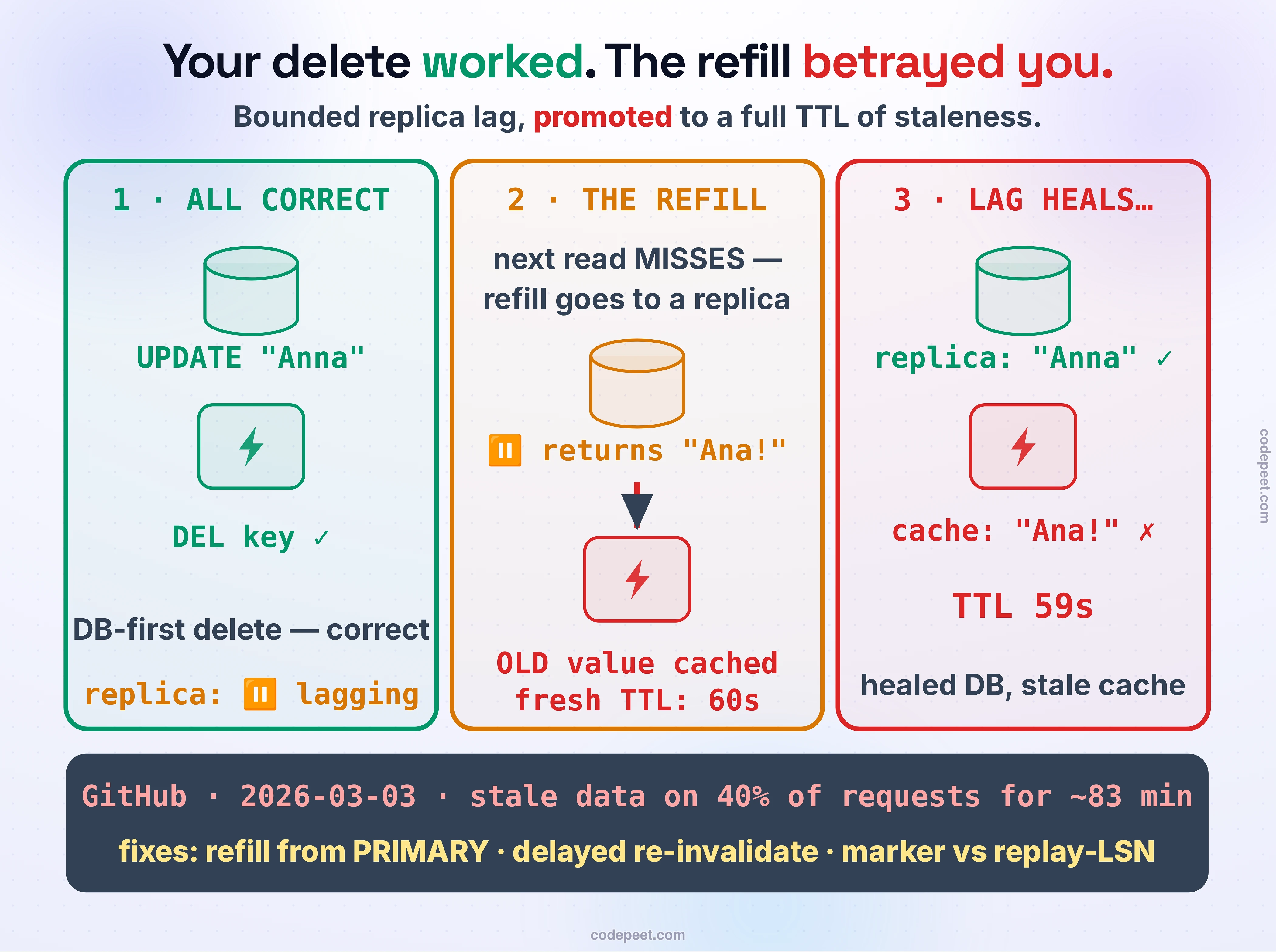 The composition trap, reproduced live and matching GitHub's March 3 2026 incident: three panels left to right. Panel one, DO EVERYTHING RIGHT: a write updates the primary to 'Anna' (commit lsn 0/30001E8) and the app deletes the cache key — database first, then delete, exactly as Cache Invalidation: The Second-Hardest Problem teaches — while the replica is paused mid-lag-spike, still holding the old value. Panel two, THE REFILL BETRAYS YOU: the very next read misses (the delete worked), and the refill query — routed to the read replica like every other read in a read-scaled system — returns the OLD value, which is then written into the cache with a full fresh TTL of 60 seconds. Panel three, THE DATABASE HEALS, THE CACHE DOESN'T: replication resumes, the replica now says 'Anna' everywhere, and the cache still serves the old value with 59 seconds to run — captured verbatim: 'the DATABASE has healed everywhere. the cache: redis GET -> old value, TTL 59s'. The banner states the law: a bounded replica lag (about one second here) was PROMOTED into unbounded cache staleness (the whole TTL — or forever without one), because the cache's lifetime is disconnected from the lag that poisoned it. Beneath, the receipt: GitHub, March 3 2026, 18:46-20:09 UTC — a cache-rebuild path that read from lagging replicas served stale data on 40 percent of github.com requests and 43 percent of API calls for about 83 minutes. Fixes, in order of bluntness: refill from the primary; re-invalidate after a delay longer than the lag; or carry a marker with the write's LSN and let the refill compare it to the replica's replay position.