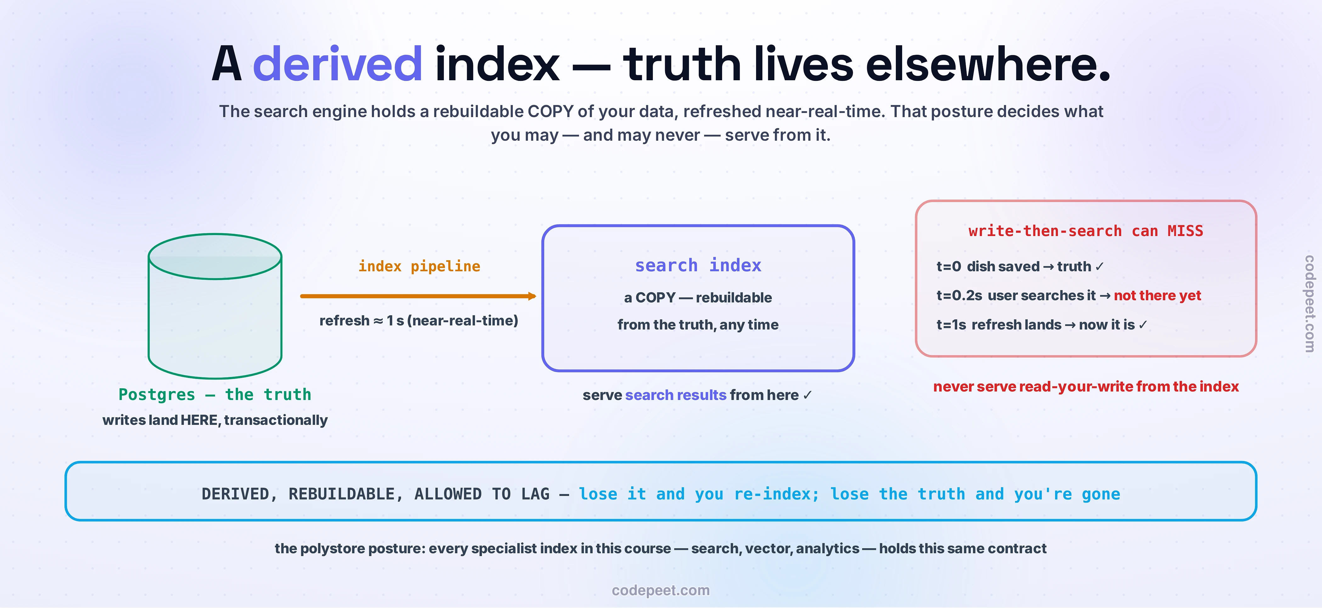 The derived-index posture, drawn as one flow. A green Postgres cylinder — the truth, where writes land transactionally — feeds an amber index pipeline (refresh about one second, near-real-time) into an indigo search-index panel: a COPY, rebuildable from the truth at any time; serve search results from here. A red panel plays the timing: at t=0 the dish saves to the truth; at t=0.2s a user searches and it is NOT there yet; at t=1s the refresh lands — never serve read-your-write from the index. The posture band: DERIVED, REBUILDABLE, ALLOWED TO LAG — lose it and you re-index; lose the truth and you're gone.