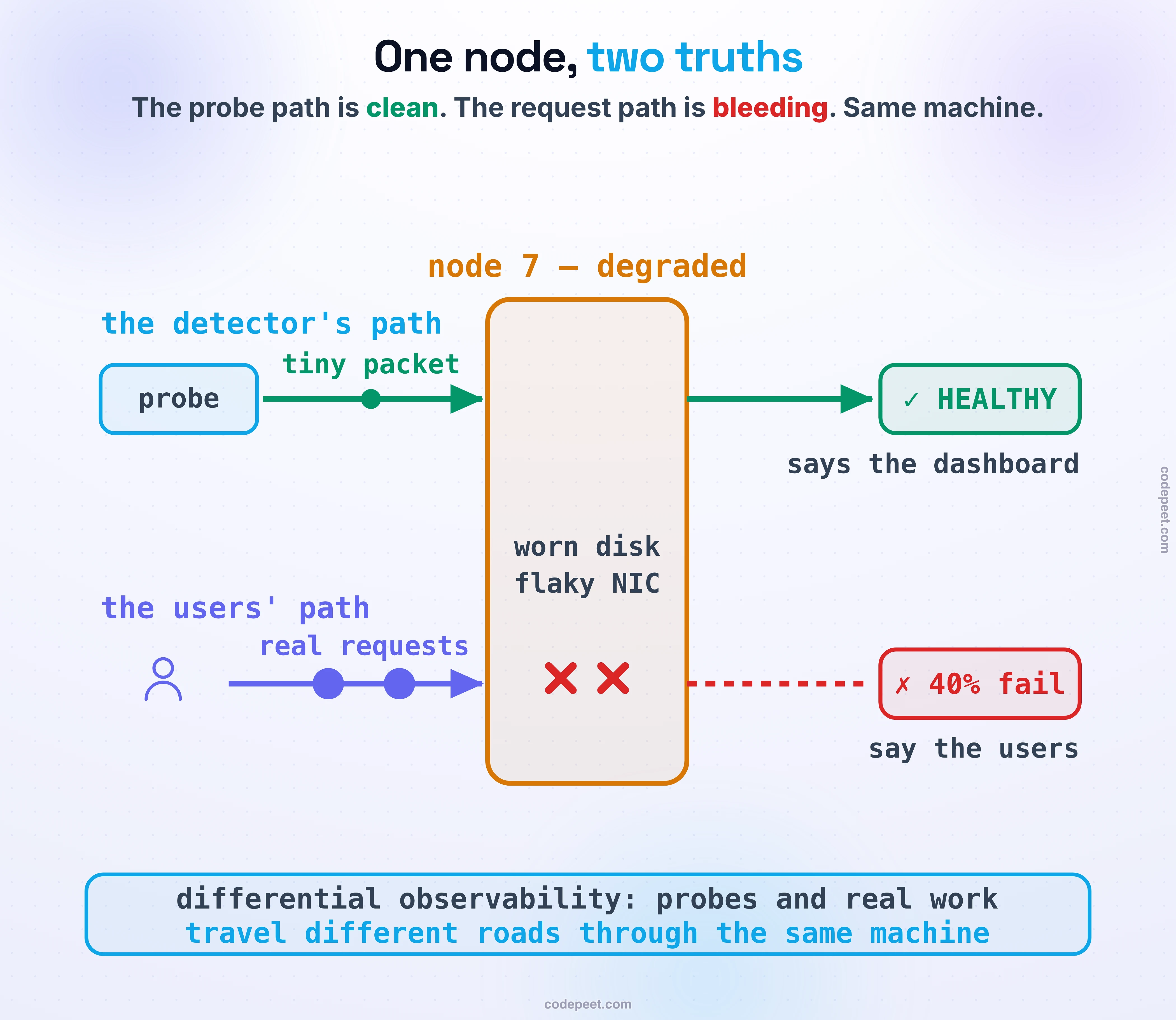 Gray failure anatomy diagram titled 'One node, two truths': one amber server box labelled 'node 7 — degraded' (worn disk, flaky NIC) spans two horizontal paths. On the detector's path a probe sends a tiny packet that passes straight through and lands in a green verdict box reading 'HEALTHY — says the dashboard'. On the users' path real requests, drawn as larger dots, die inside the same node with red crosses, and only a dashed red line reaches the verdict '40% fail — say the users'. The foot band names the pattern: differential observability — probes and real work travel different roads through the same machine, so health checks report green while users see errors