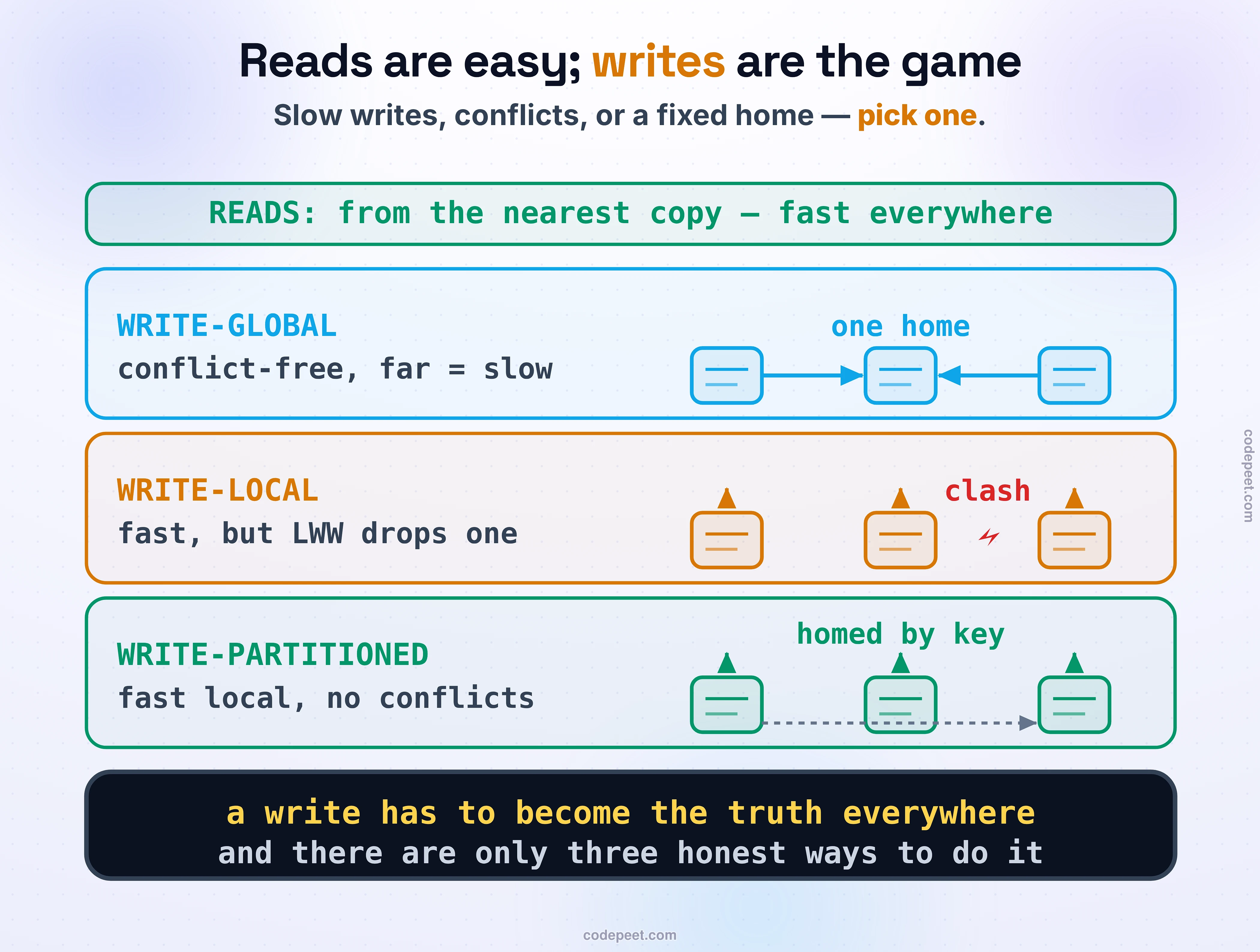 Reads are easy; writes are the whole game — the three ways to handle a write across regions, in three rows. Reads (top, calm green): always served from the nearest copy, fast everywhere. Then the three write strategies. WRITE-GLOBAL: every write, wherever it starts, travels to one chosen home region — simple and conflict-free, but a user on the far side of the world waits a whole cross-ocean round trip for every write. WRITE-LOCAL: each user writes to their own nearest region for speed, but when two regions change the same record at once, a red spark — a conflict — must be resolved afterward, and last-writer-wins quietly drops one. WRITE-PARTITIONED: each record has a home region decided by a key (often the user's own region), so writes for local records are fast and can never conflict, while the rare foreign-record write pays the cross-region trip. Law band: pick your poison — slow writes, conflicts, or a fixed home.
