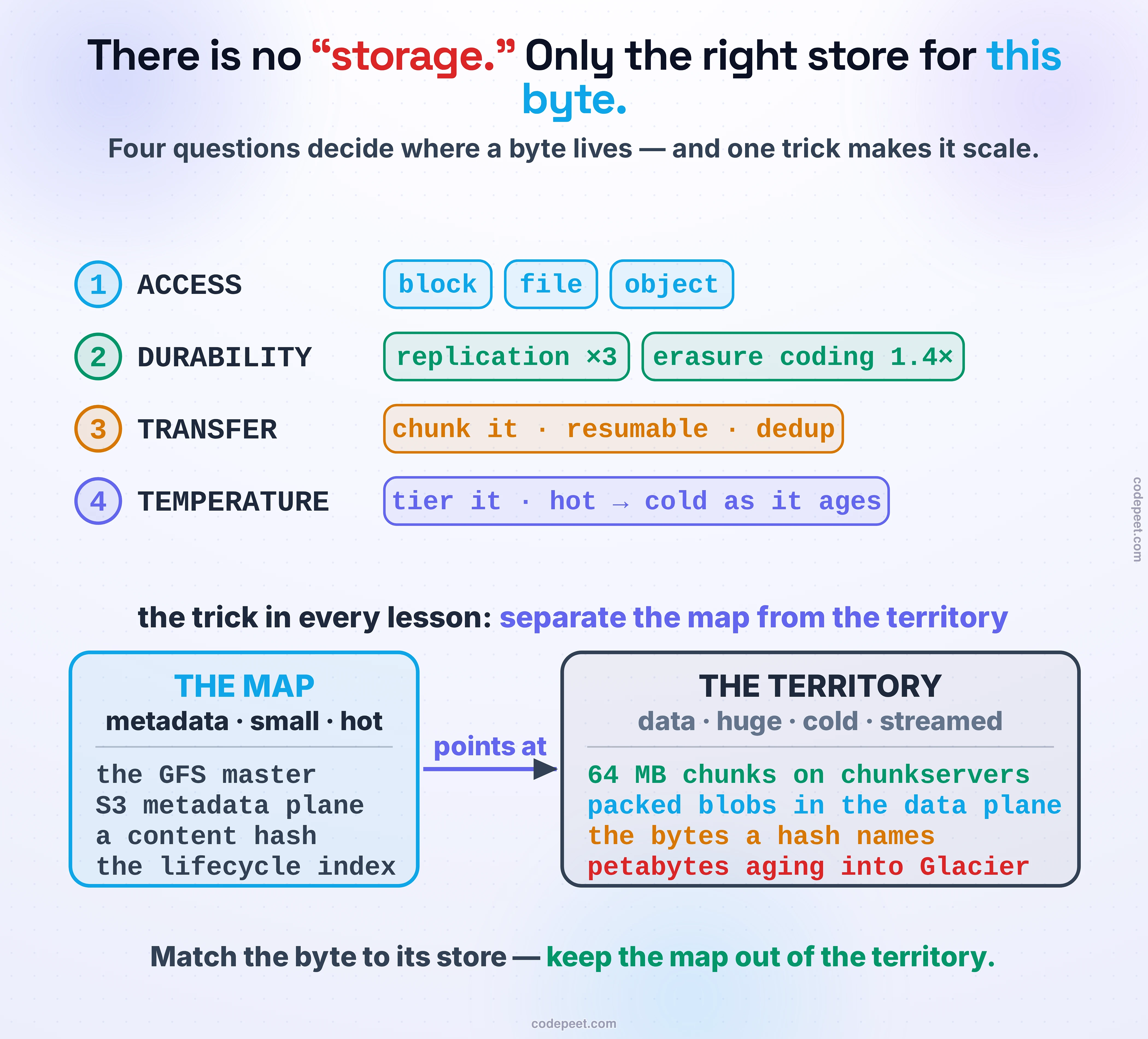 The law of the Storage Systems section, drawn as one decision. In the center, a single byte of your data with four property tags. Around it, the four questions that decide where it lives, each with its answer. First, how is it accessed? — a raw device is block storage, shared file paths are file storage, and HTTP-addressable blobs are object storage: three abstractions, three prices. Second, how durable must it be, and at what price? — keep full copies with replication at three times the storage, or split it into data and parity shards with erasure coding at about 1.4 times: same survival, a very different bill. Third, how does it move? — a byte too big for one request is cut into chunks, which makes the transfer resumable and content-addressable for dedup. Fourth, how hot is it? — match the tier to its temperature, hot on fast storage, cold in the archive as it ages. Along the bottom, the move that recurs in every lesson: separate the map from the territory. Keep the metadata small, indexed, and in the fast path; keep the data huge, streamed, and out of it — the GFS master, S3's two planes, a content hash, the lifecycle index are all the same trick. The bottom line: there is no universal store; you match each byte to the right one, and you keep the small hot map separate from the huge cold territory.