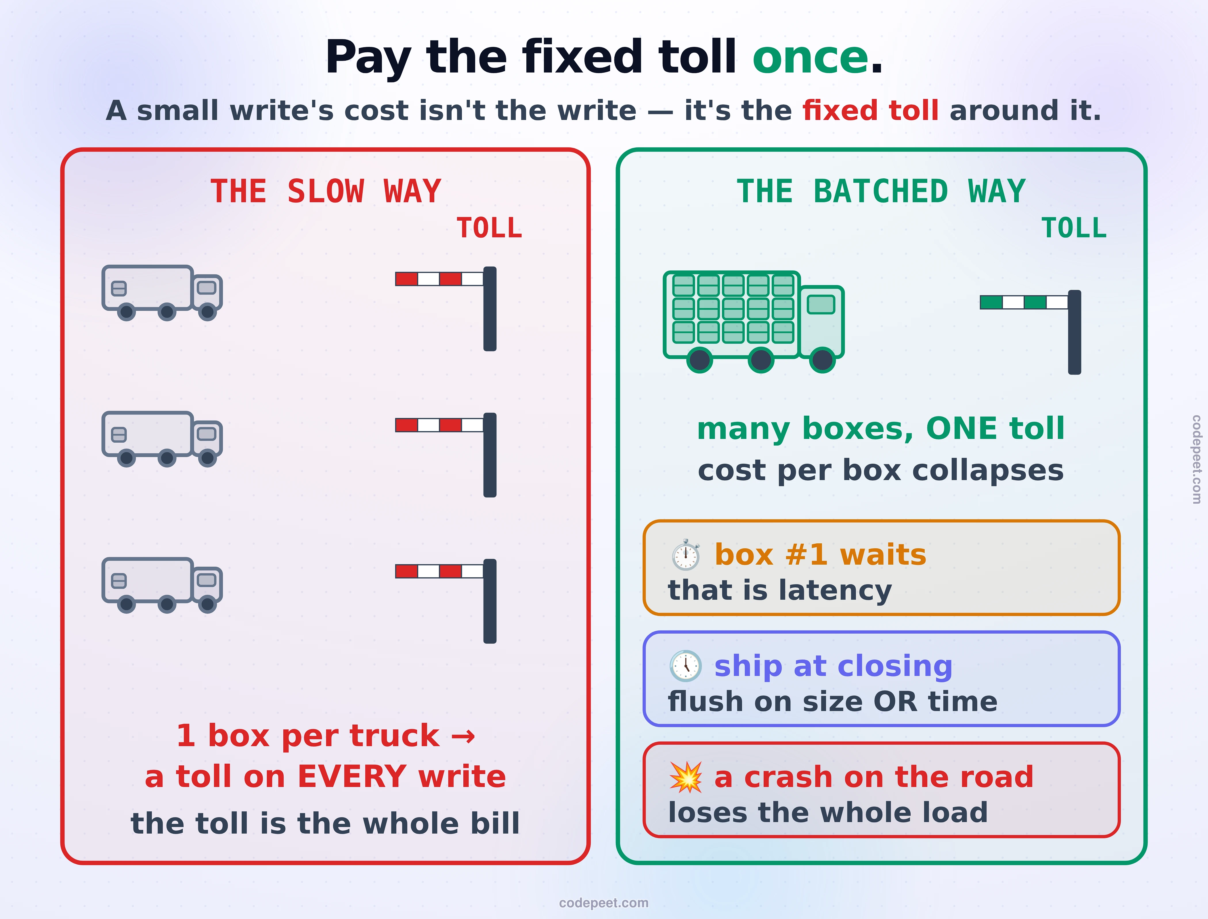 Batching, drawn as a delivery truck. A truck costs the same to send whether it carries one box or a hundred — the driver, the fuel, and the round trip are a FIXED cost per trip, drawn as a toll booth the truck must pay once per journey. On the left, THE SLOW WAY: one box per truck — every single box pays a whole toll, so a stack of boxes means a long line of trucks each stopping at the booth; the caption reads 'pay the toll every write'. On the right, THE BATCHED WAY: one truck loaded with a hundred boxes pays the toll ONCE for all of them, so the cost per box collapses — the caption reads 'one toll, shared by the whole batch'. Three call-outs pinned to the batched truck name the catches that fall out of the same picture: box number one now WAITS for the truck to fill (that is latency); if only a few boxes show up you still ship at closing time so they are not stranded (flush on size OR time); and a truck that crashes on the road loses every box aboard that was not yet delivered (the buffer you can lose). The one idea: pay the fixed toll once, for a batch, at the price of a little waiting and a little risk.