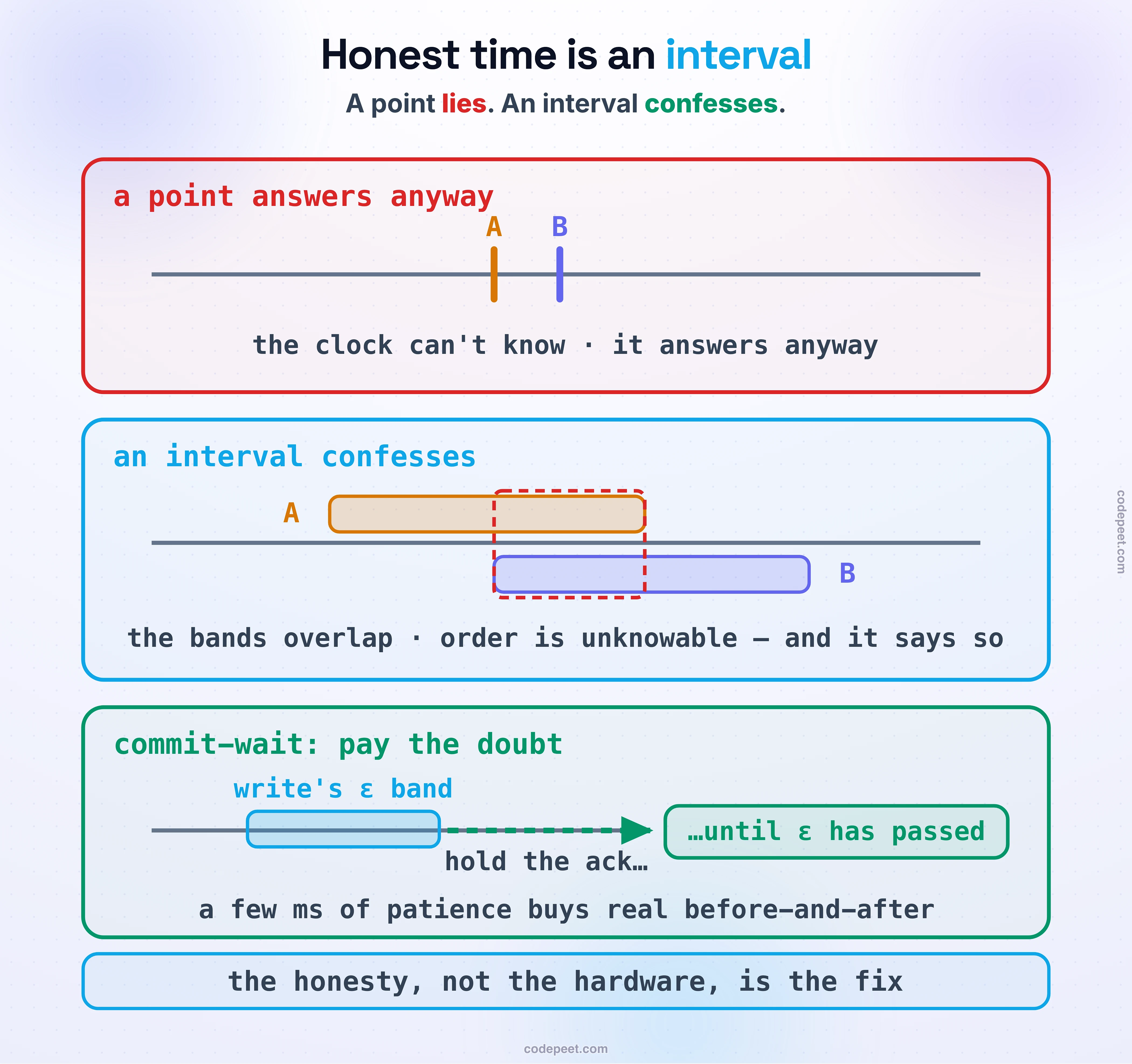 Three scenes on one time axis. First, in red, a point answers anyway: events A and B sit almost on top of each other as thin pins; the clock can't know which came first, and it answers anyway. Second, in blue, an interval confesses: A and B become wide uncertainty bands, a dashed box marks their overlap, and the verdict reads order is unknowable, and it says so. Third, in green, commit-wait pays the doubt: a write's uncertainty band sits on the axis and a dashed arrow holds the acknowledgment until the band has fully passed; a few milliseconds of patience buys real before-and-after. Foot band: the honesty, not the hardware, is the fix