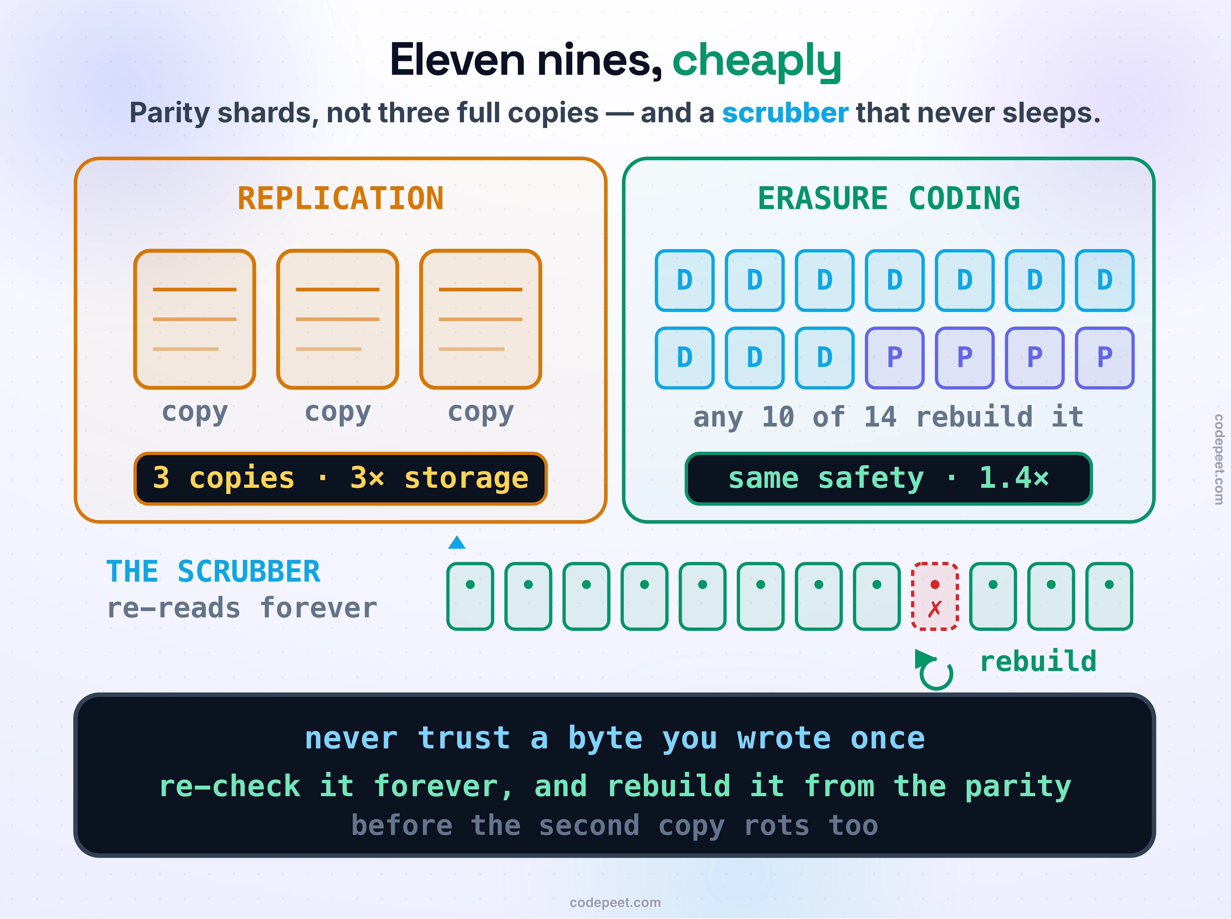Keeping the bytes alive, drawn as how a store reaches eleven nines. On the left, REPLICATION: three full copies of an object, simple but three times the storage. On the right, ERASURE CODING: the object split into ten data shards plus four parity shards spread across many disks, where any ten of the fourteen can rebuild the whole — the same survival for about one-point-four times the storage instead of three. Below both, a SCRUBBER robot walks the shelves of disks, re-reading and re-checking each block, and when it finds one rotting it rebuilds it from the others before the rot can spread. Law band: never trust a byte you wrote once — re-check it forever, and rebuild it from the redundancy before the second copy rots too.