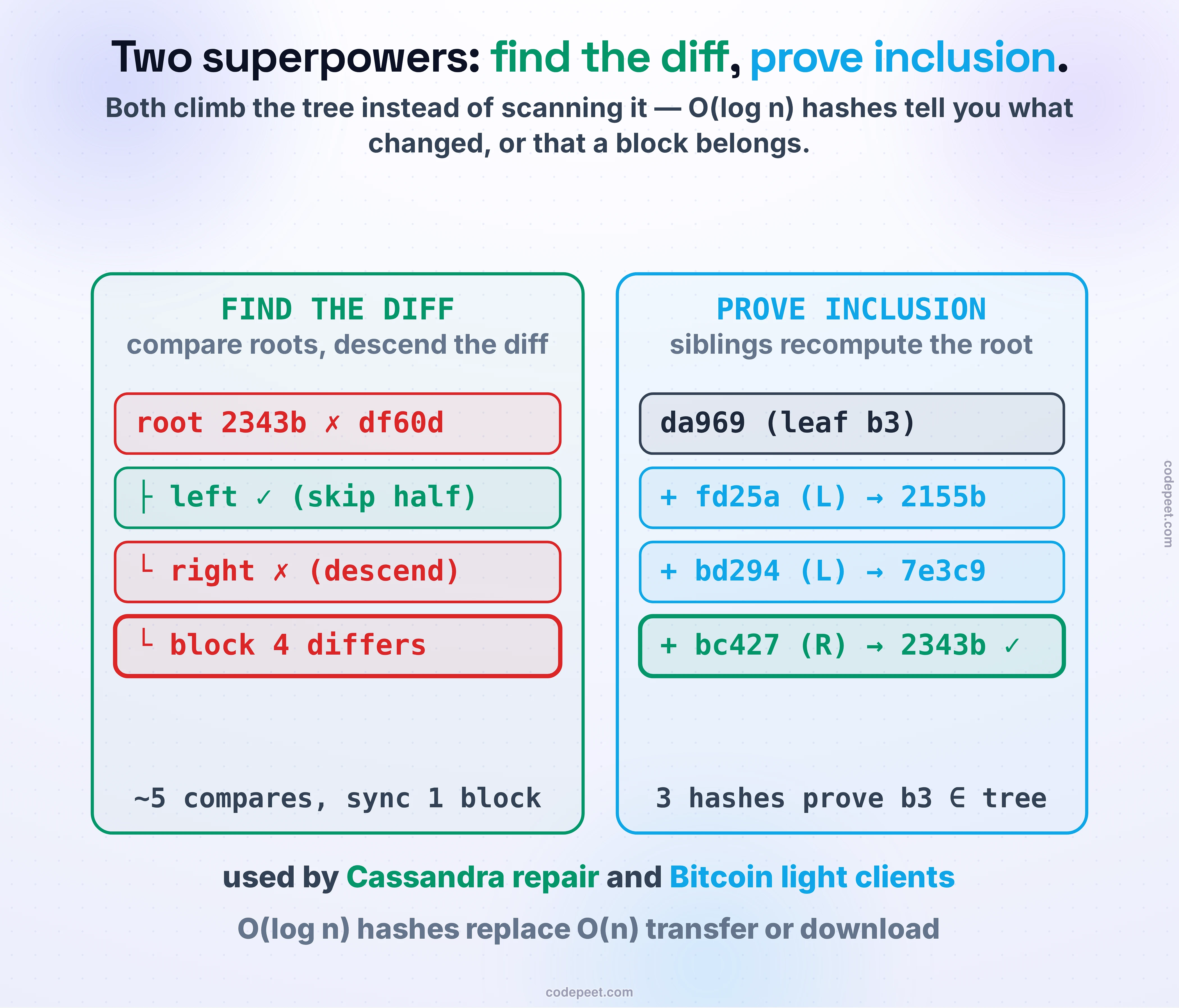 The two things a Merkle tree lets you do cheaply, both by climbing the tree rather than scanning it. First, finding what differs between two copies: compare the two root hashes, and if they differ descend only into the children whose hashes disagree, skipping every matching subtree, until you isolate the differing block — about five hash comparisons for an eight-block tree instead of eight, then sync only that one block, which is how Cassandra and DynamoDB do anti-entropy repair. Second, proving a block belongs: an inclusion proof is the sibling hash at each level from the block’s leaf up to the root, log-base-2-of-n hashes. To prove block 3 you supply three siblings — fd25a, bd294, bc427 — and recompute the root; if it matches, the block is included. A Bitcoin light client verifies a transaction this way without the whole chain. O(log n) hashes replace O(n) transfer or download.