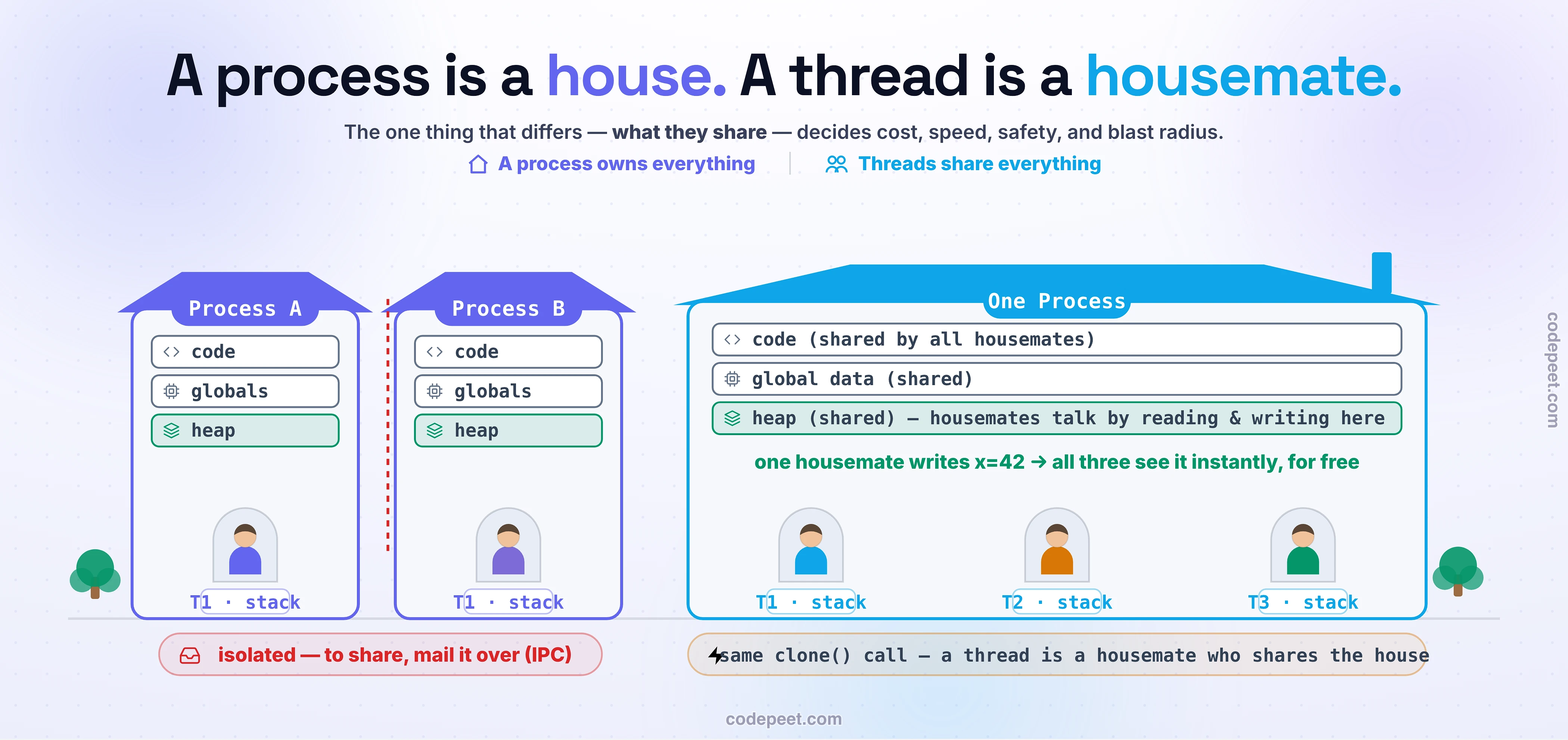 Anatomy infographic contrasting processes and threads by their memory. On the left, two processes sit as separate sealed boxes, each a private address space with its own code, global data, heap, file descriptors, and one thread of execution — the wall between them labelled isolation, crossable only by inter-process communication such as pipes, sockets, or shared-memory segments. On the right, one process box holds three threads that all share the same code, global data, and heap, while each thread keeps its own private stack, registers, and program counter; a note on the shared heap shows the threads communicating for free through shared memory, with a warning that two threads writing the same value at once is a race. A unifying banner states that on Linux both fork and pthread_create call the same clone system call and differ only by whether the address space is shared, so a thread is simply a process that agreed to share its memory. A cost strip compares creating a thread at roughly five to ten microseconds against forking a process at roughly thirty-five microseconds, a thread-to-thread context switch near 1.5 microseconds against a process switch near three to five microseconds that also flushes the TLB, and a crash-blast-radius row showing that one thread faulting takes the whole process and all its sibling threads down while a crashing process leaves its siblings alive. A decision row names real systems: PostgreSQL and Chrome choose processes for isolation, nginx and Redis run a few workers with an event loop, and Go multiplexes millions of goroutines onto a few threads.
