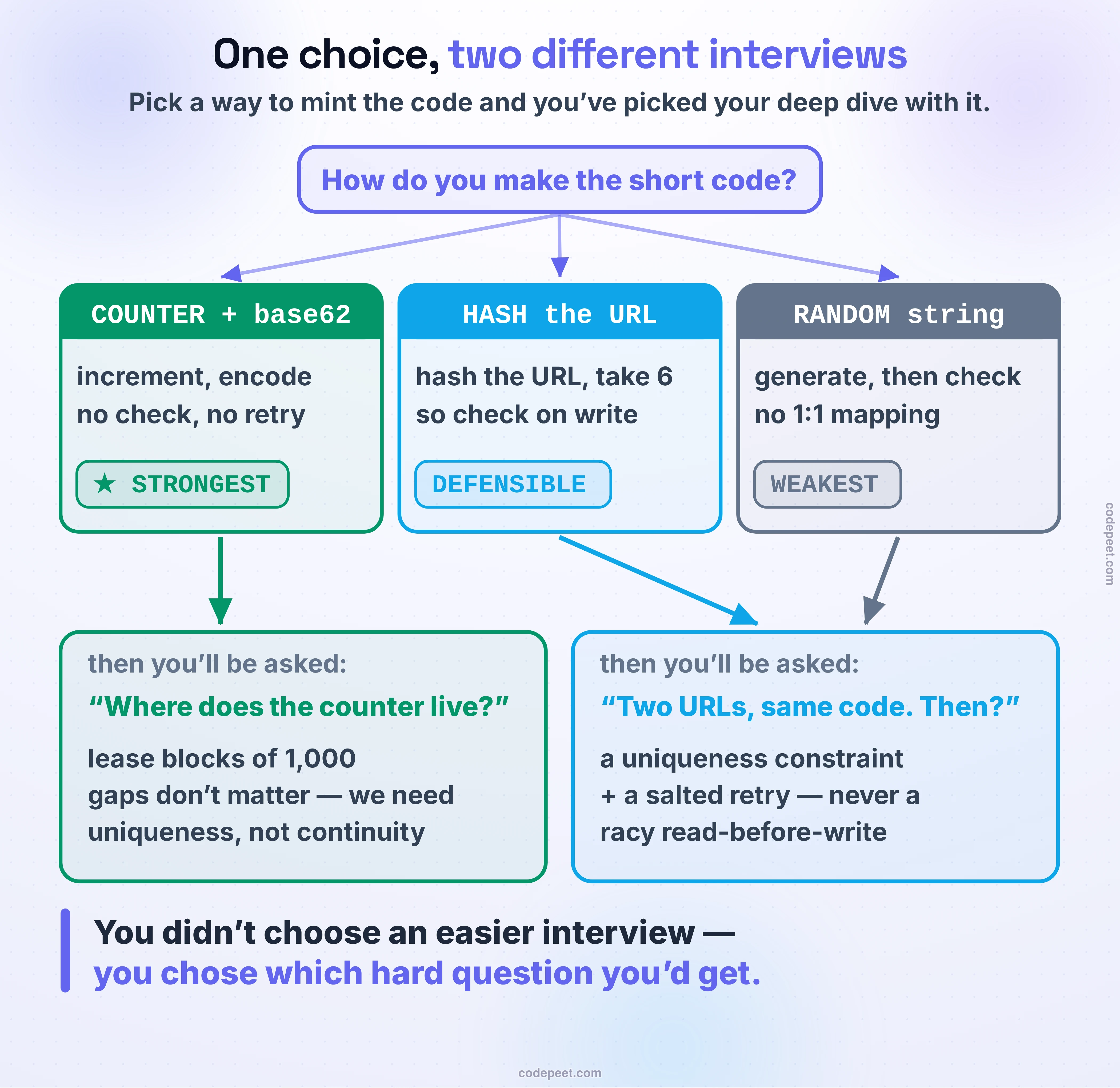 A figure showing the single decision that most shapes a URL shortener interview, drawn as a fork with three branches converging onto two different follow-up questions. At the top sits the question: how do you make the short code. The left branch, in green and marked as the strongest choice, is a counter encoded in base62 — you increment and encode, uniqueness comes for free because the next number has never been used, so there is no collision check and no retry on the write path at all. The middle branch, marked defensible, hashes the URL and takes the first six characters, which is deterministic but means collisions happen and so every write has to check first. The right branch, marked weakest, is a random string: generate then check, the same cost as hashing without the deterministic one-to-one mapping. Arrows then show where each branch lands. The counter branch leads to a coordination question — where does the counter live when there are many write servers — answered by leasing blocks of a thousand values at a time and accepting that gaps do not matter, because what is required is uniqueness rather than continuity. The hash and random branches both land on a correctness question instead — two URLs produce the same code, then what — answered with a uniqueness constraint and a salted retry rather than a racy read-before-write check. The closing note states the insight the figure exists for: the choice did not make the interview easier or harder, it decided which hard question the deep dive would be spent on.