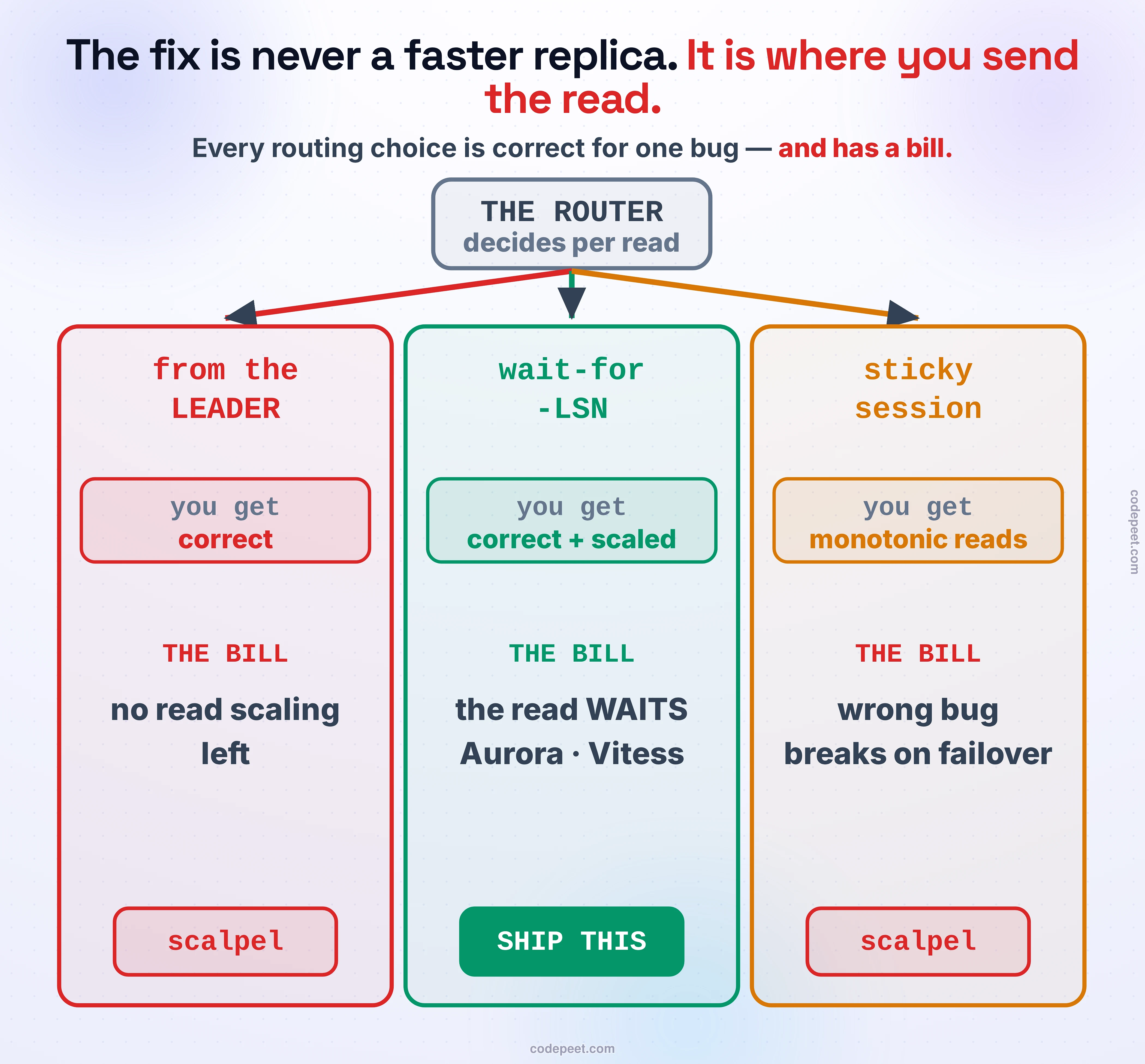 The routing decision, drawn as a router at the top branching into three read-routing policies, each with what it buys you and its bill. The first, in red, is read from the leader: you get an always-correct answer, but the read never touches a replica, so you have deleted your read scaling — a scalpel, not a blanket policy. The second, in green, is wait-for-LSN: you get a correct answer served from a replica; the bill is that the read waits for the replica to catch up, and this is what AWS Aurora and Vitess actually ship — ship this. The third, in amber, is a sticky session: it fixes monotonic reads, a different bug, not read-your-writes, and it breaks on failover — a scalpel. The header states the point: the fix is never a faster replica, it is where you send the read, and every routing choice is correct for one bug and has a bill.