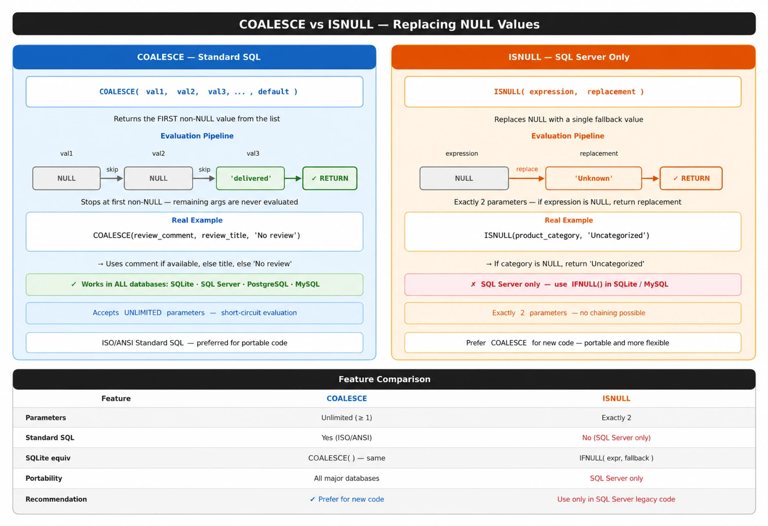 Side-by-side comparison of COALESCE and ISNULL showing how each replaces NULL values with defaults, with key differences highlighted