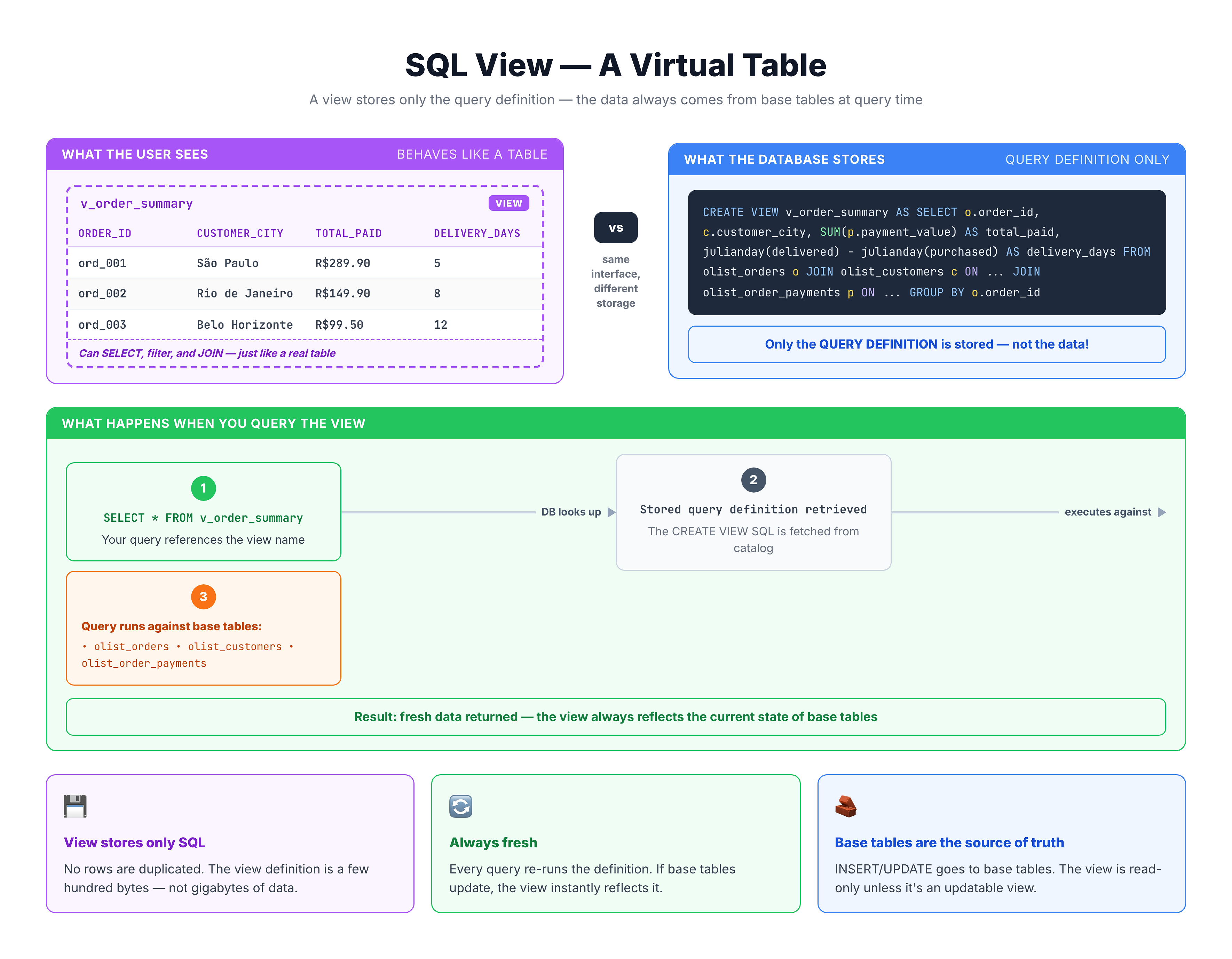 Diagram showing a view as a saved SELECT query that acts as a virtual table, with the stored query expanding to base tables