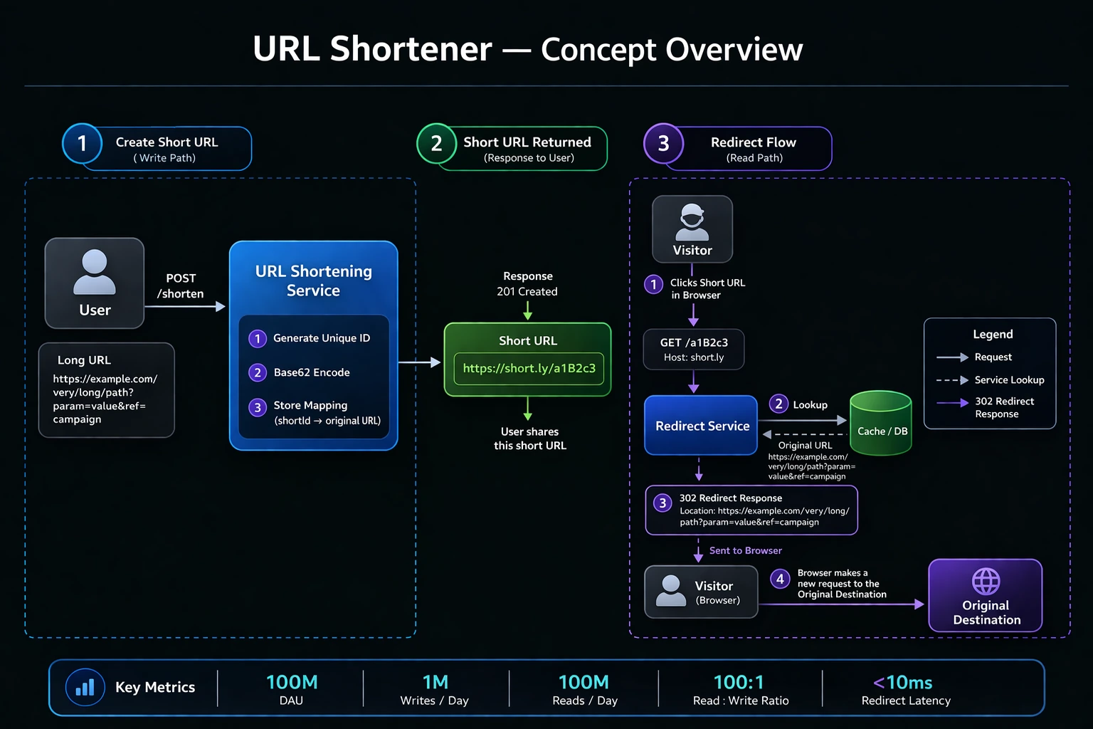 High-level concept showing URL shortening and redirection flow